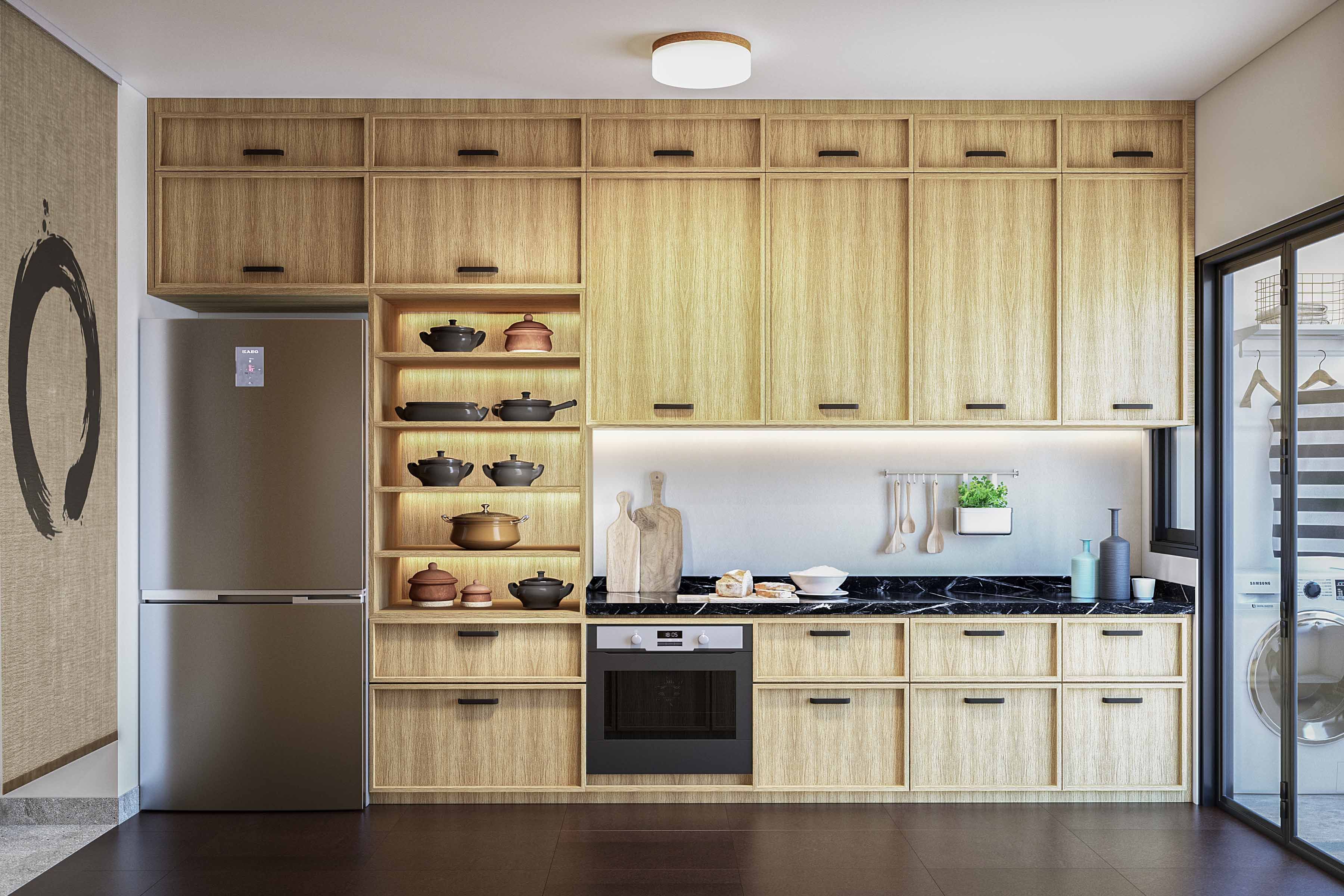 Classic Open Modular Wooden Kitchen Design With Suede-Finish Kitchen Cabinets