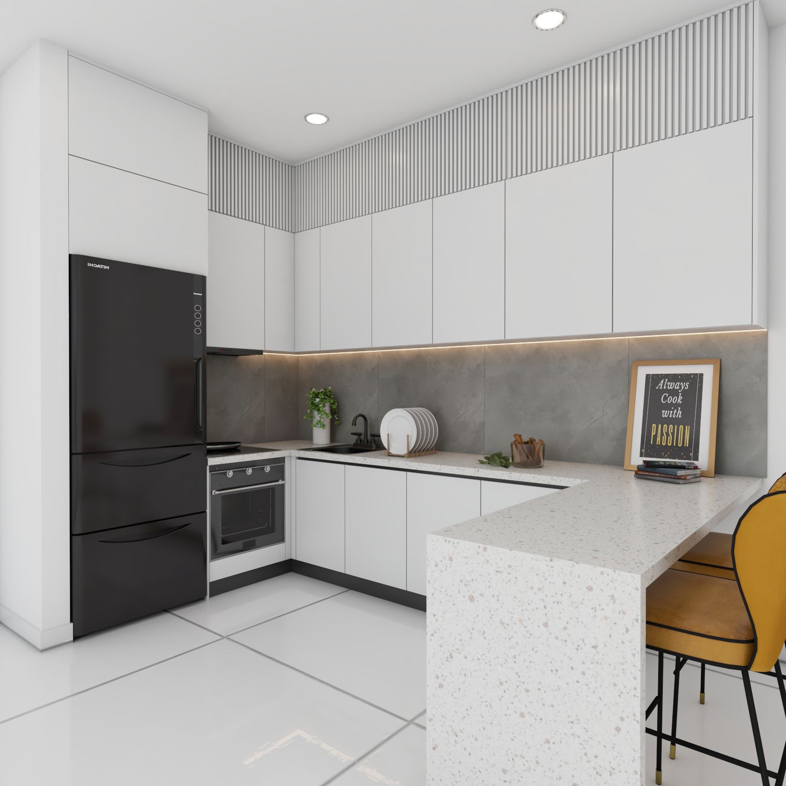Modern White U-Shaped Modular Kitchen Design With Grey Textured Backsplash