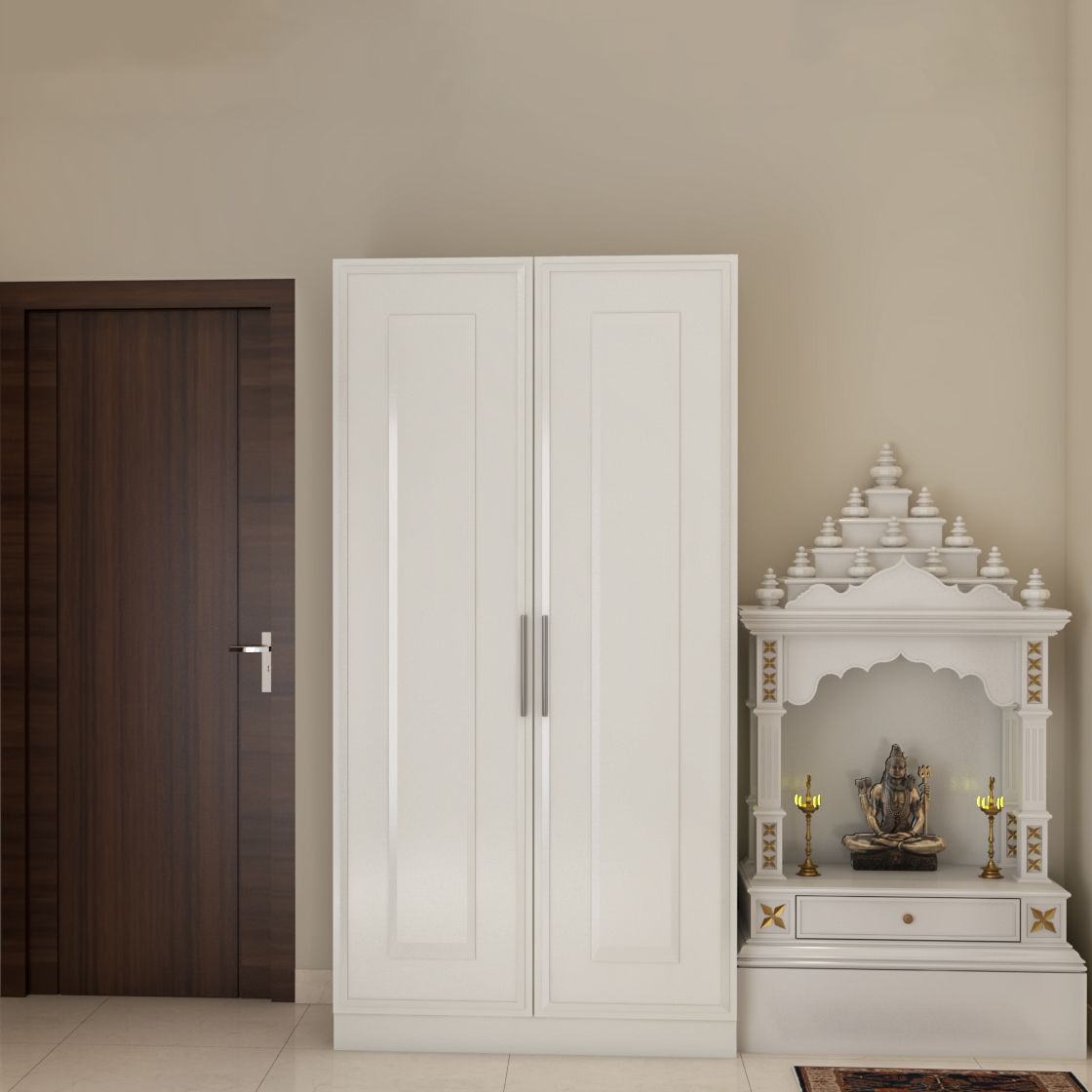 Classic White Floor-Mounted Mandir Design With White 2-Door Swing Wardrobe