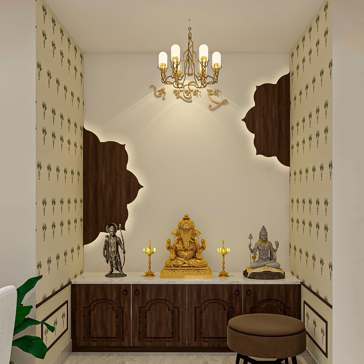 Contemporary Mandir Design With Wooden 4-Door Cabinet Storage