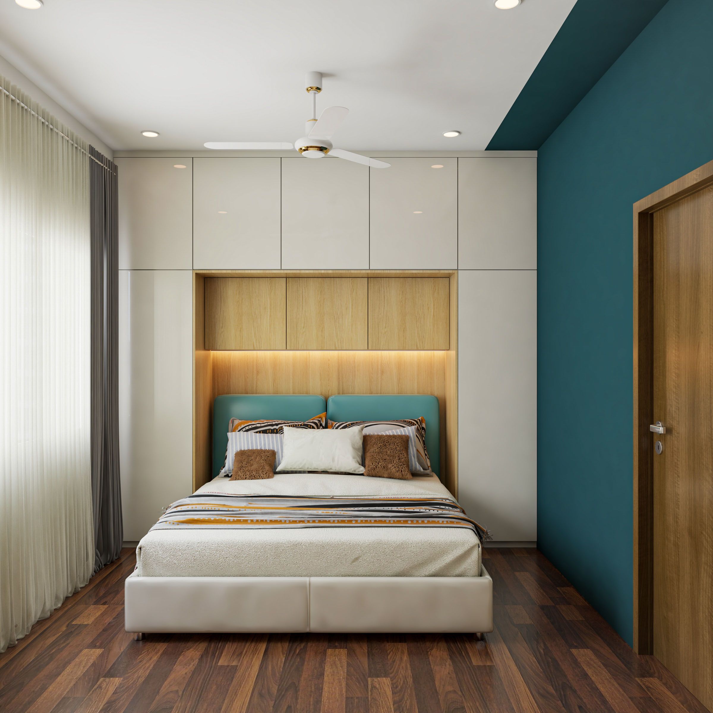 Contemporary Off-White And Teal Master Bedroom With Space-Saving Furniture