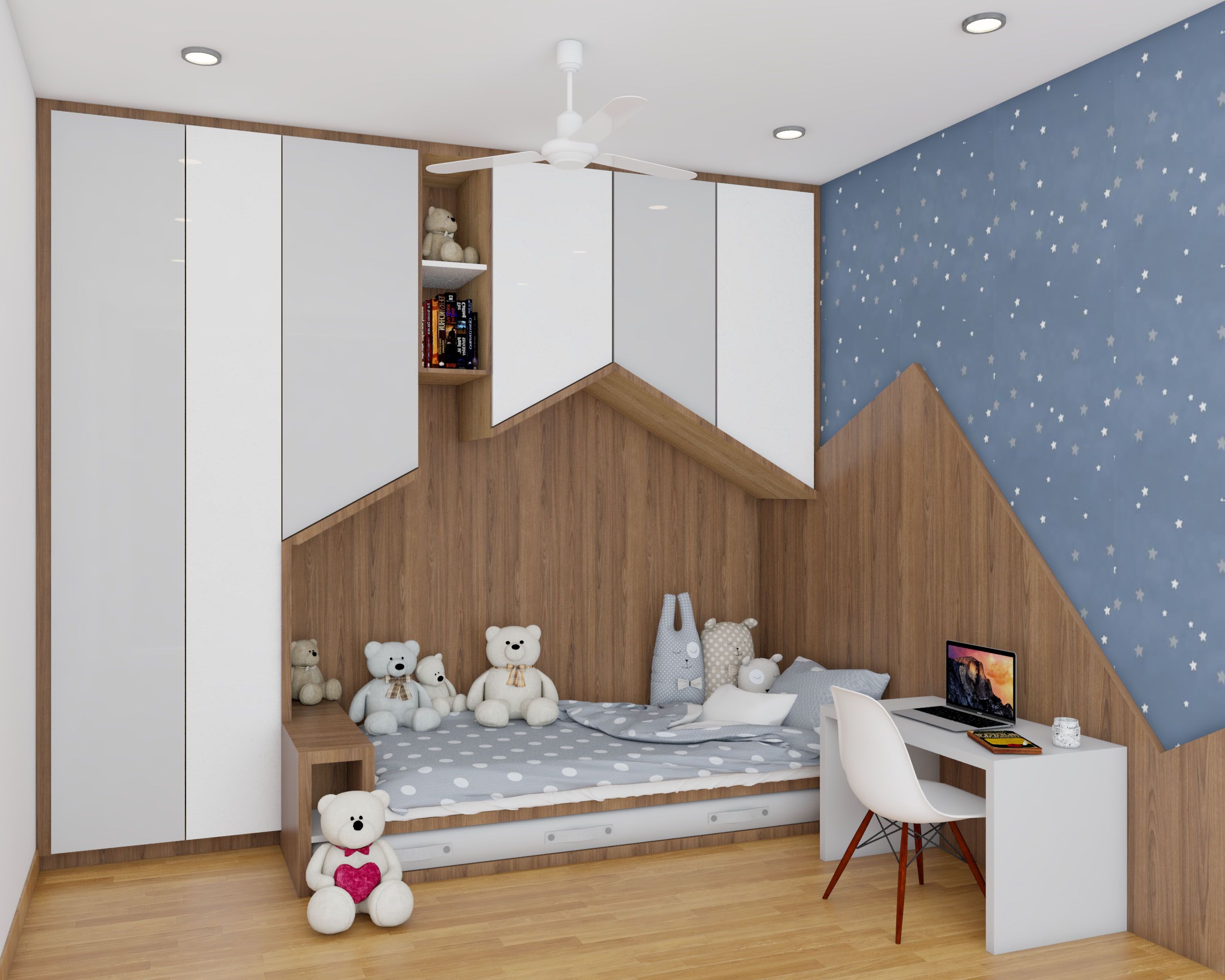 Modern Kids Room With Space-Saving Bed And 6-Door White Wardrobe