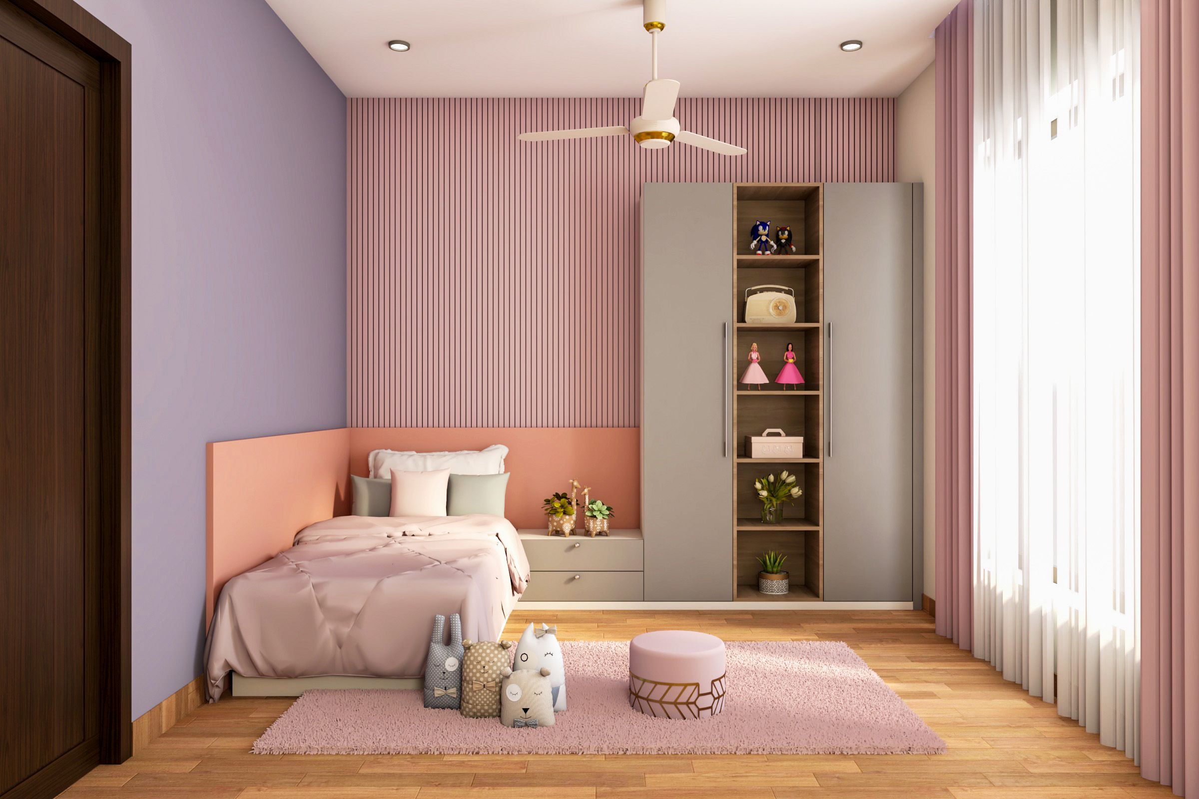 Modern Kids Room With A Single Space-Saving Bed Integrated With 2-Door Grey Swing Wardrobe