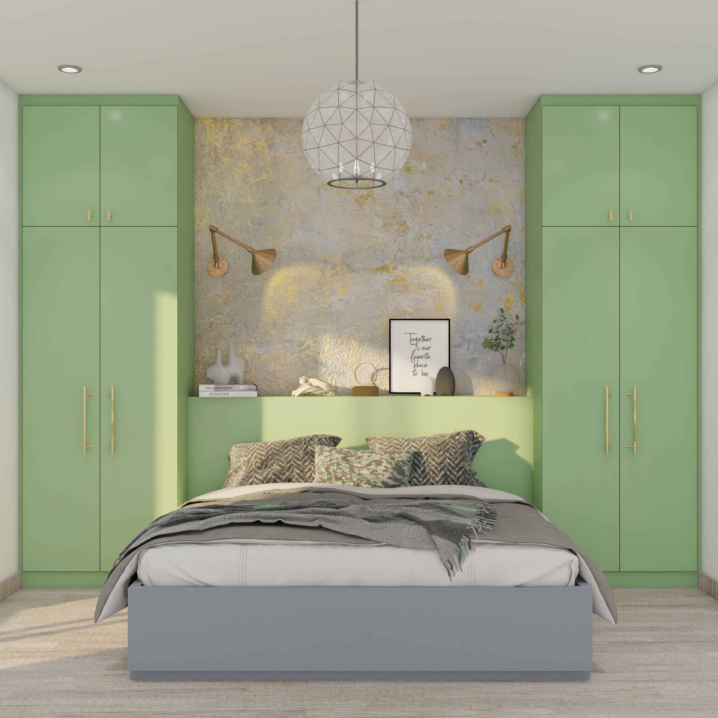 Contemporary Space-Saving Green Master Bedroom With 4-Door Green Swing Wardrobe And Integrated Bed