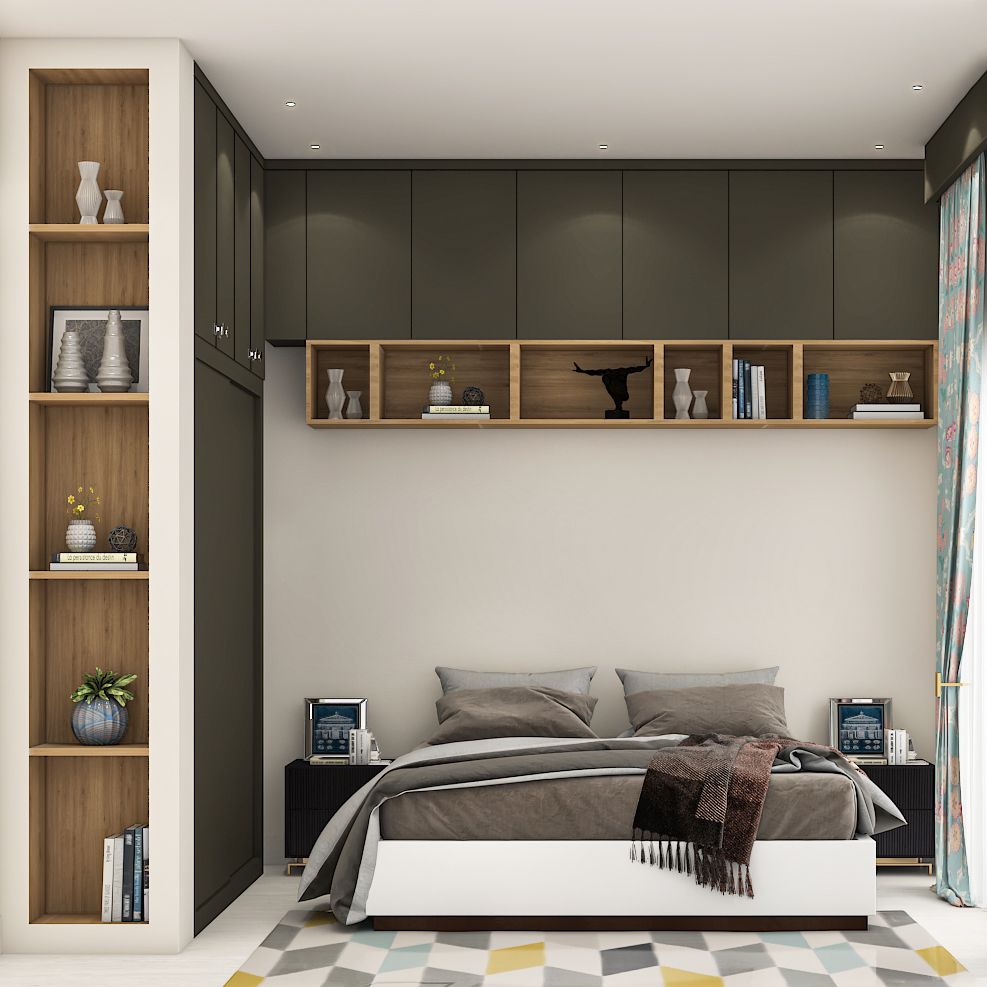 Modern Bedroom With Autumn Leaf 2-Door Sliding Space-Saving Wardrobe With Lofts And Bed