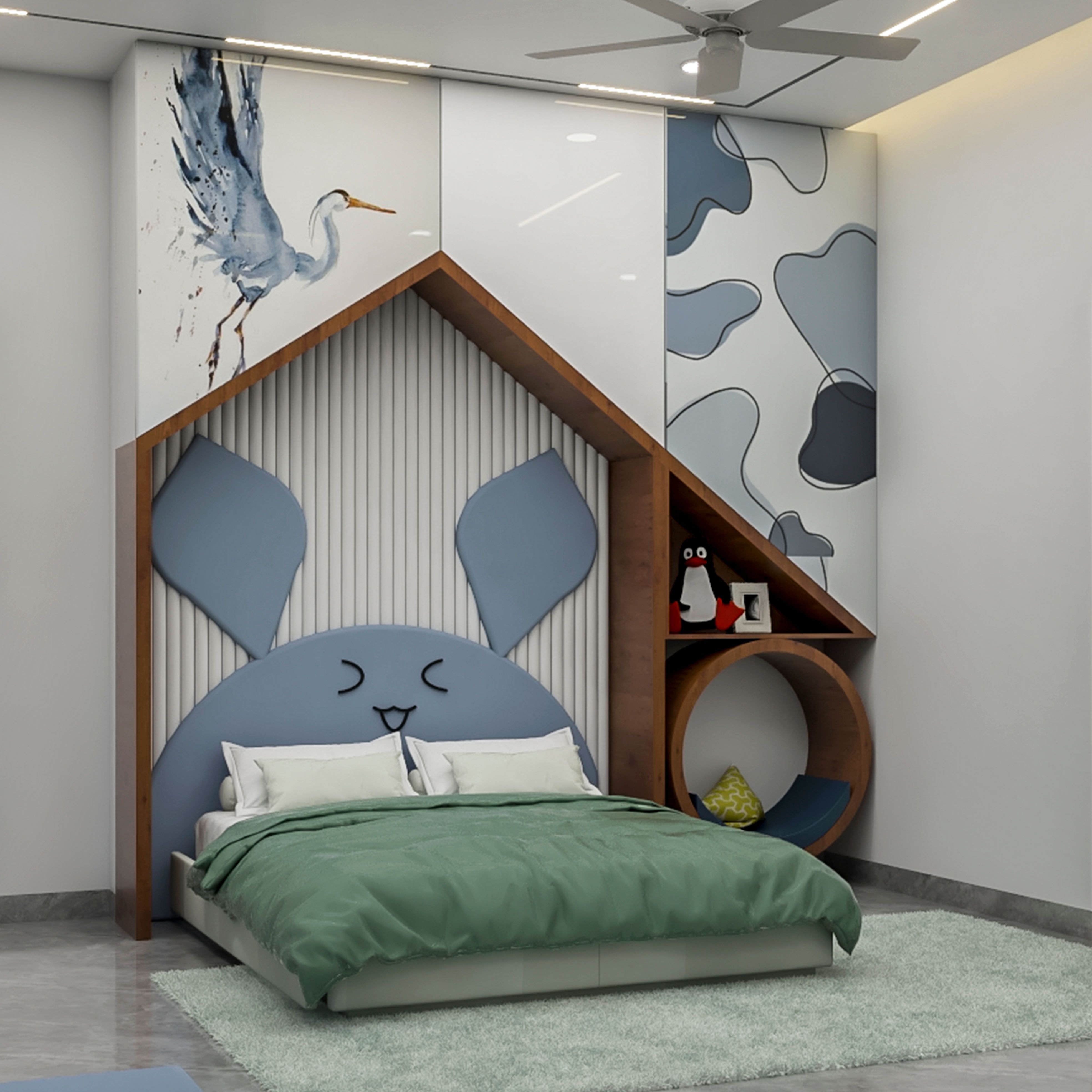Contemporary Kids Room With Space-Saving Murphy Bed Integrated With Glossy Storage