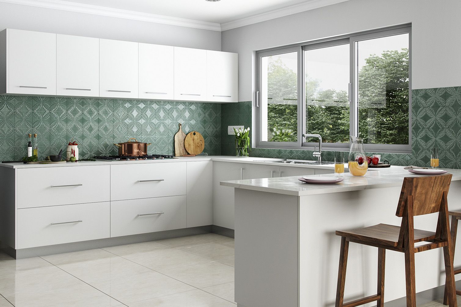 Modern Green Ceramic Kitchen Tile Design With Geometric Pattern