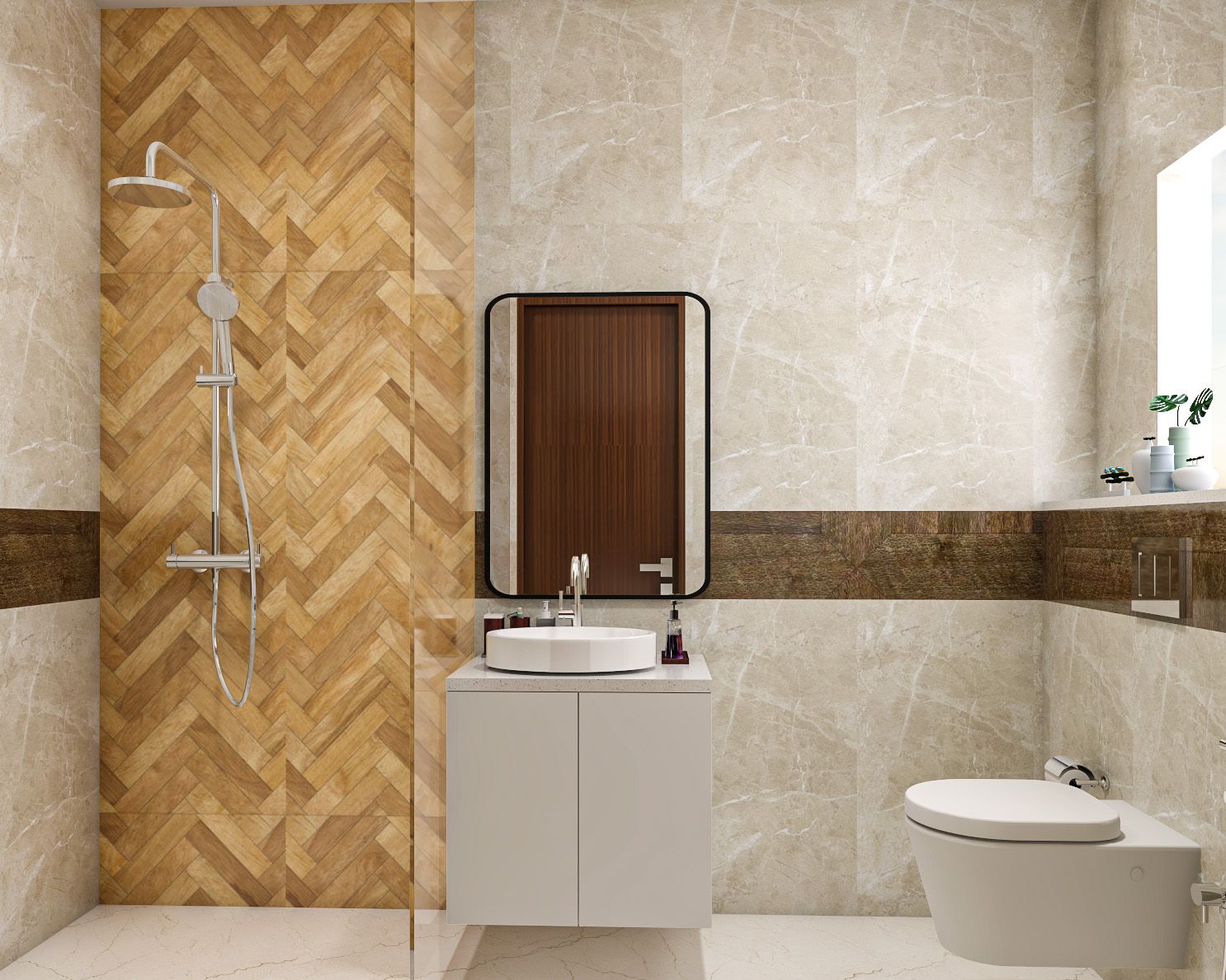 Modern Ceramic And Wood Bathroom Tile Design