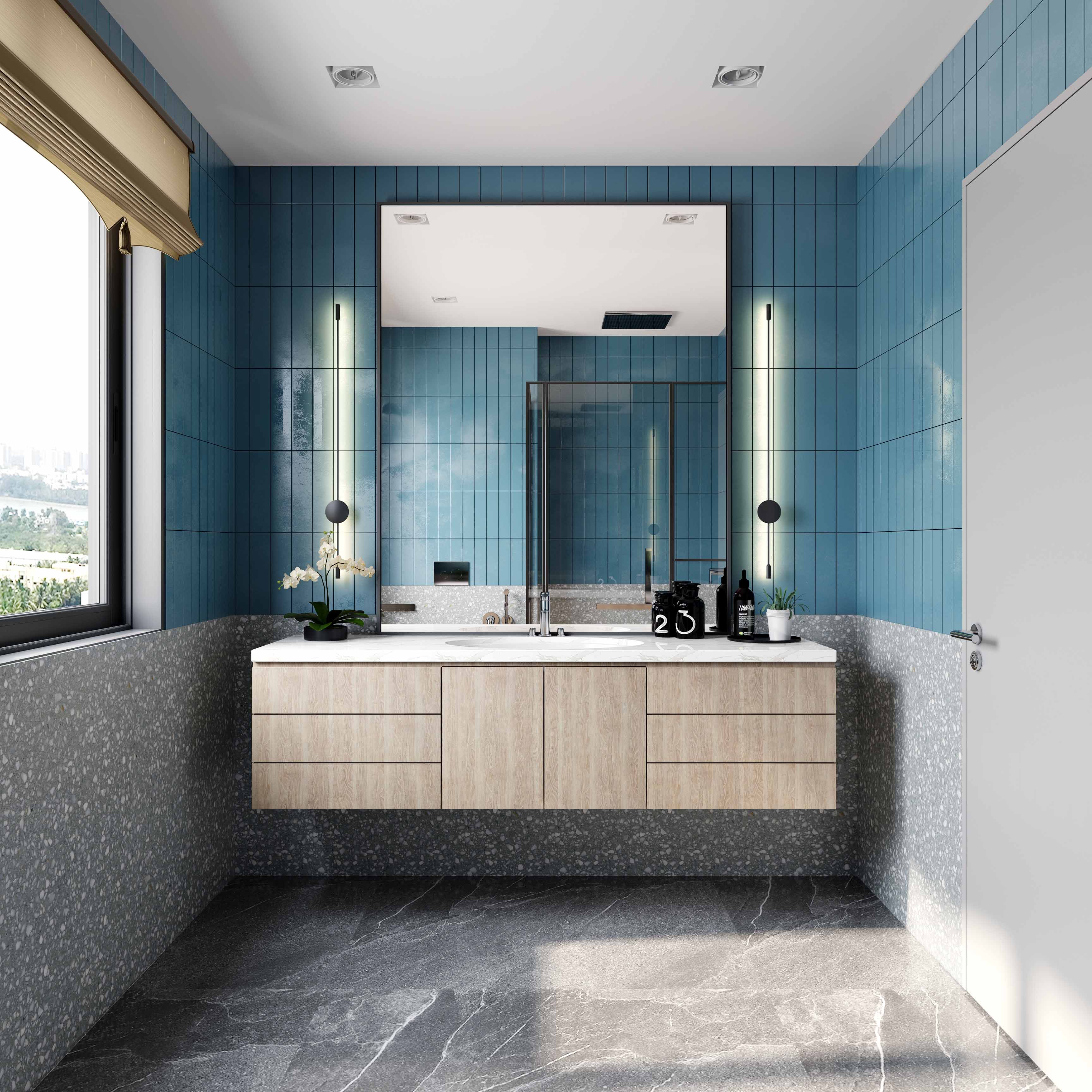Coastal Blue Ceramic And Terrazzo Grey Bathroom Tile Design