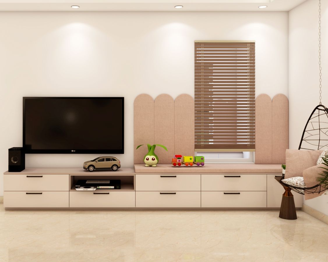 Modern Champagne-Toned And White Floor-Mounted TV Unit Design With Drawer Storage
