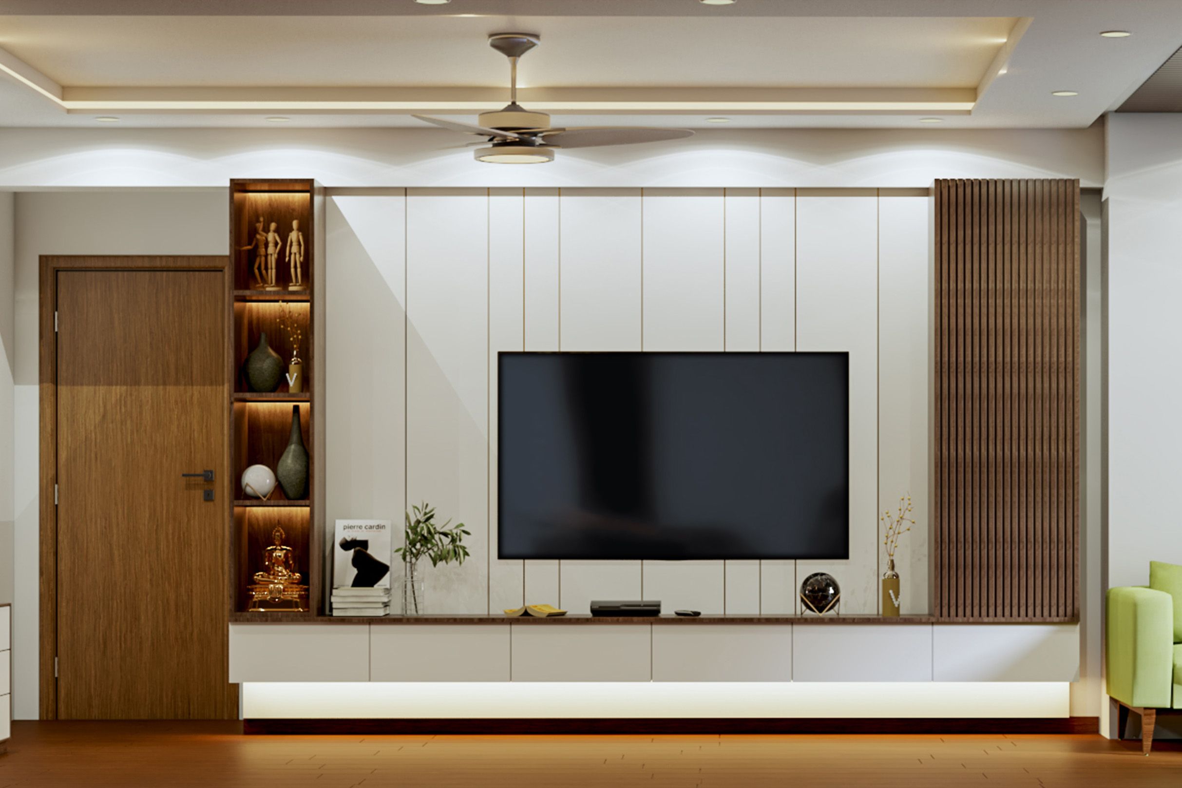 Classic White And Wood TV Unit Design With Wall-Mounted Console And Open Wooden Unit