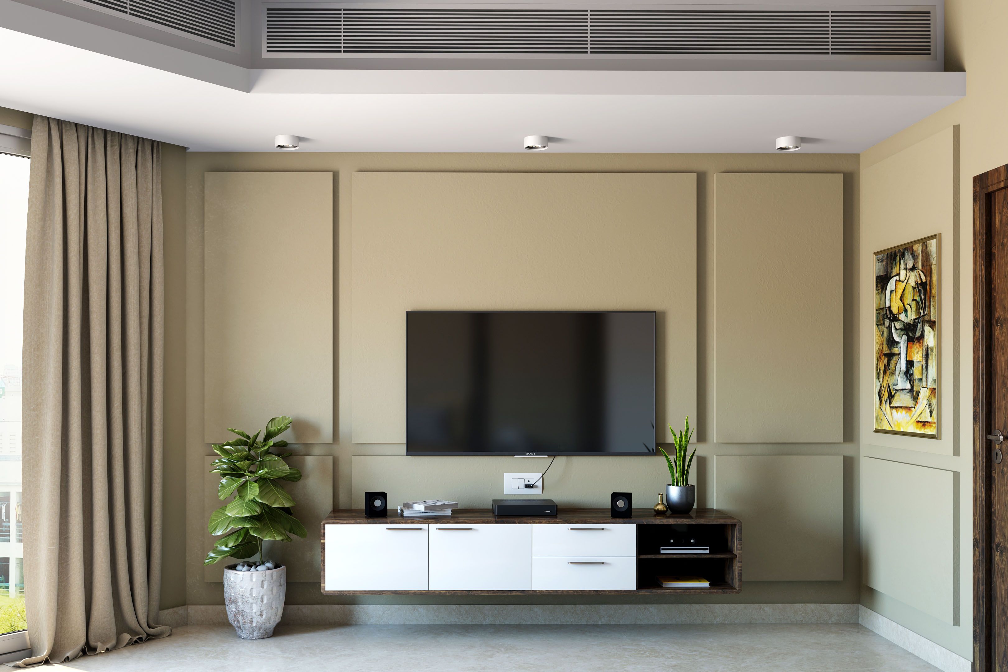 Modern White And Dark Wood Wall-Mounted TV Unit Design With 3D Beige Accent Wall