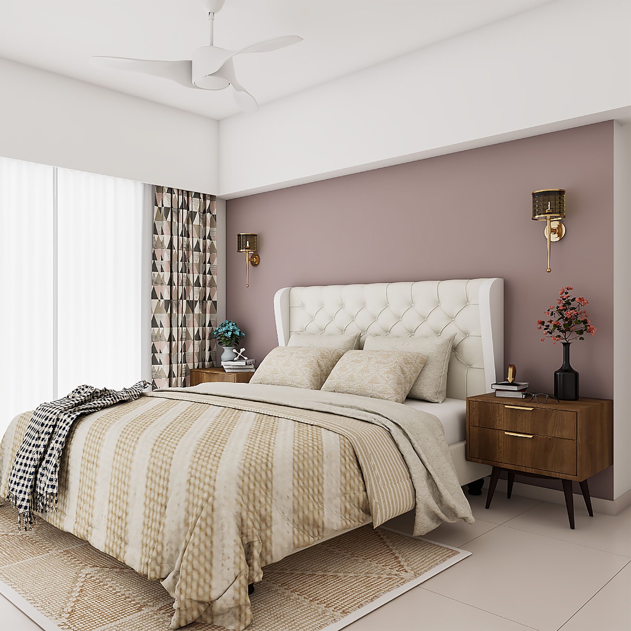 Modern Rose Pink Bedroom Wall Paint Design With White Furniture