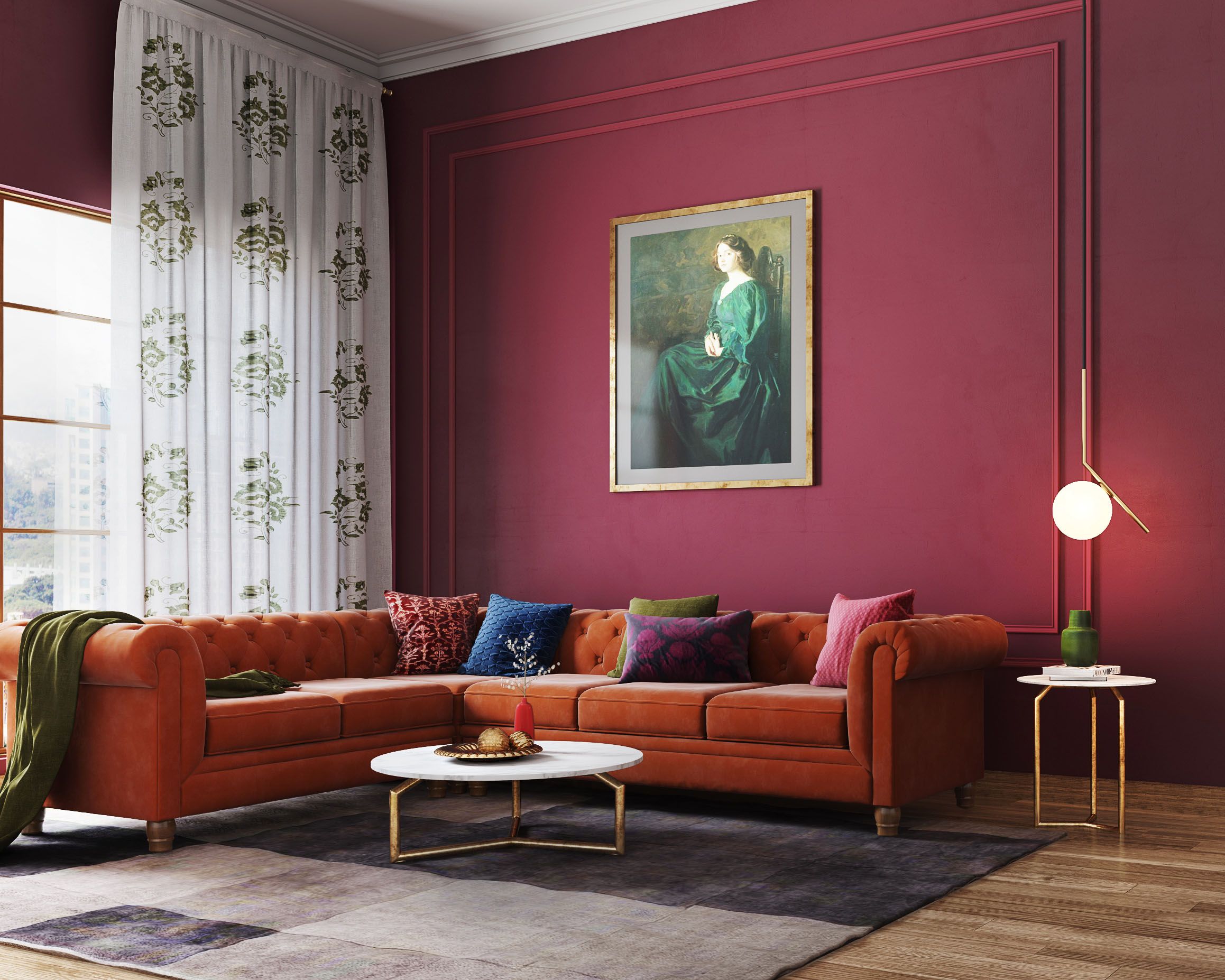 Contemporary Wine Red Living Room Wall Paint Design