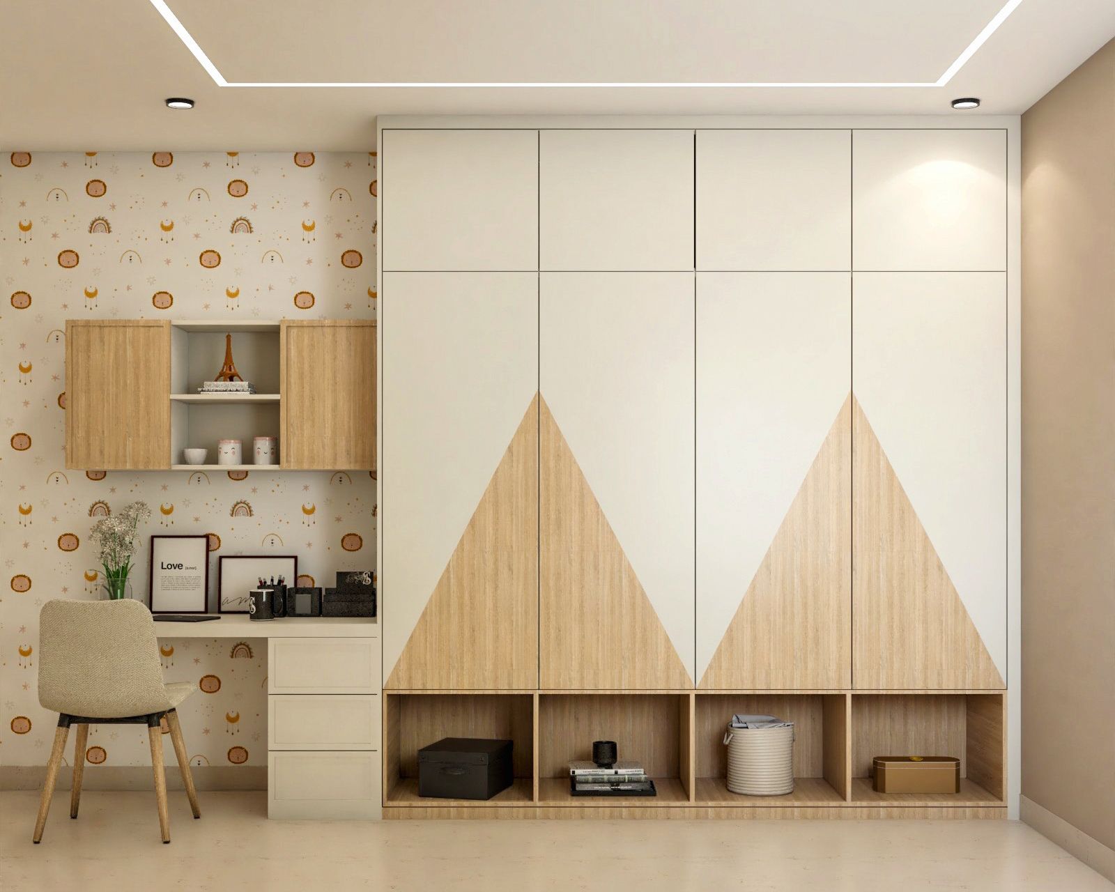 Scandinavian White And Wood 4-Door Swing Wardrobe Design With Under-Cupboard Storage