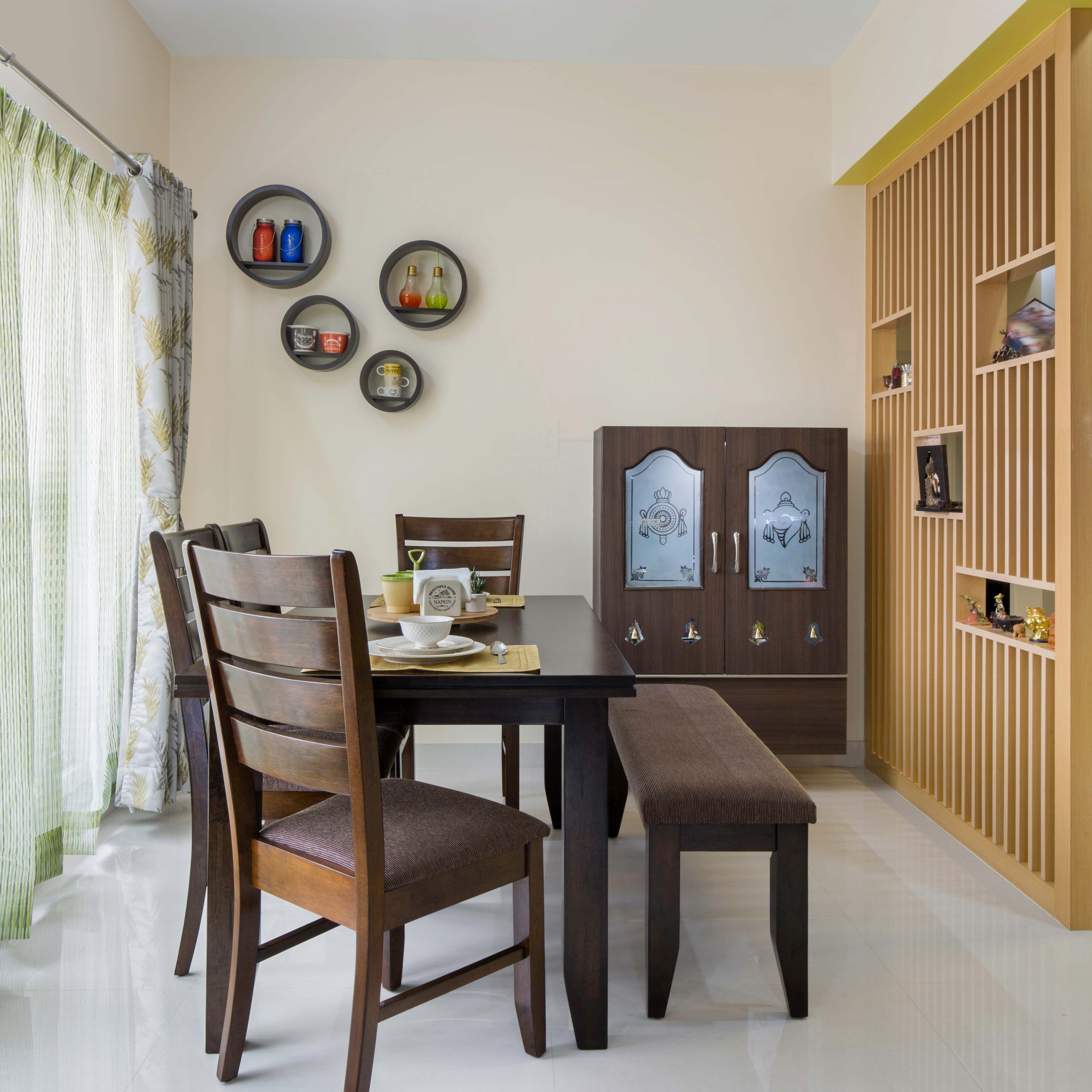 Classic 4-Seater Wooden Dining Room Design With Brown Bench And Integrated Wooden Mandir Unit