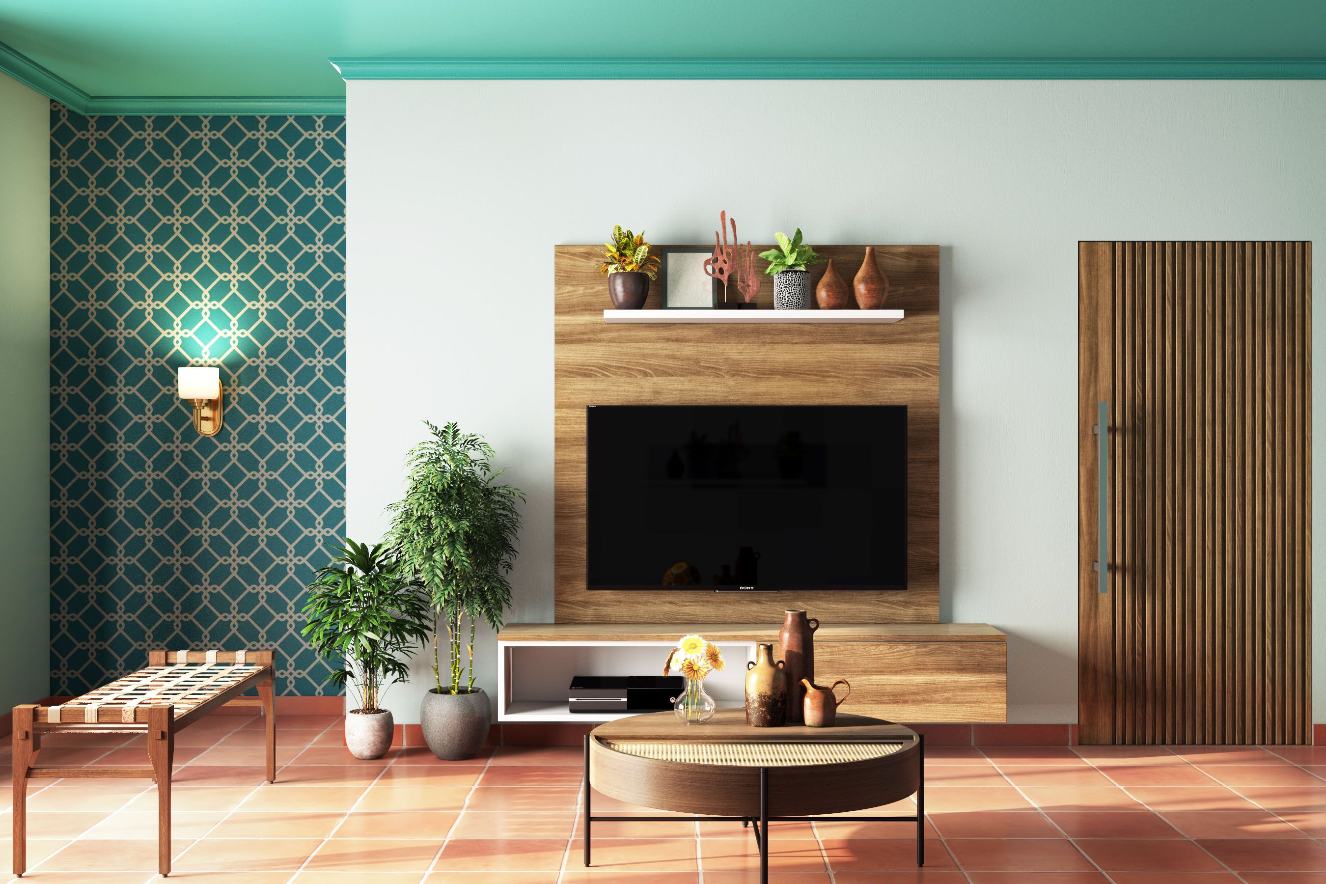 Mid-Century Modern Wood And White TV Unit Design With Geometric Green Accent Wall