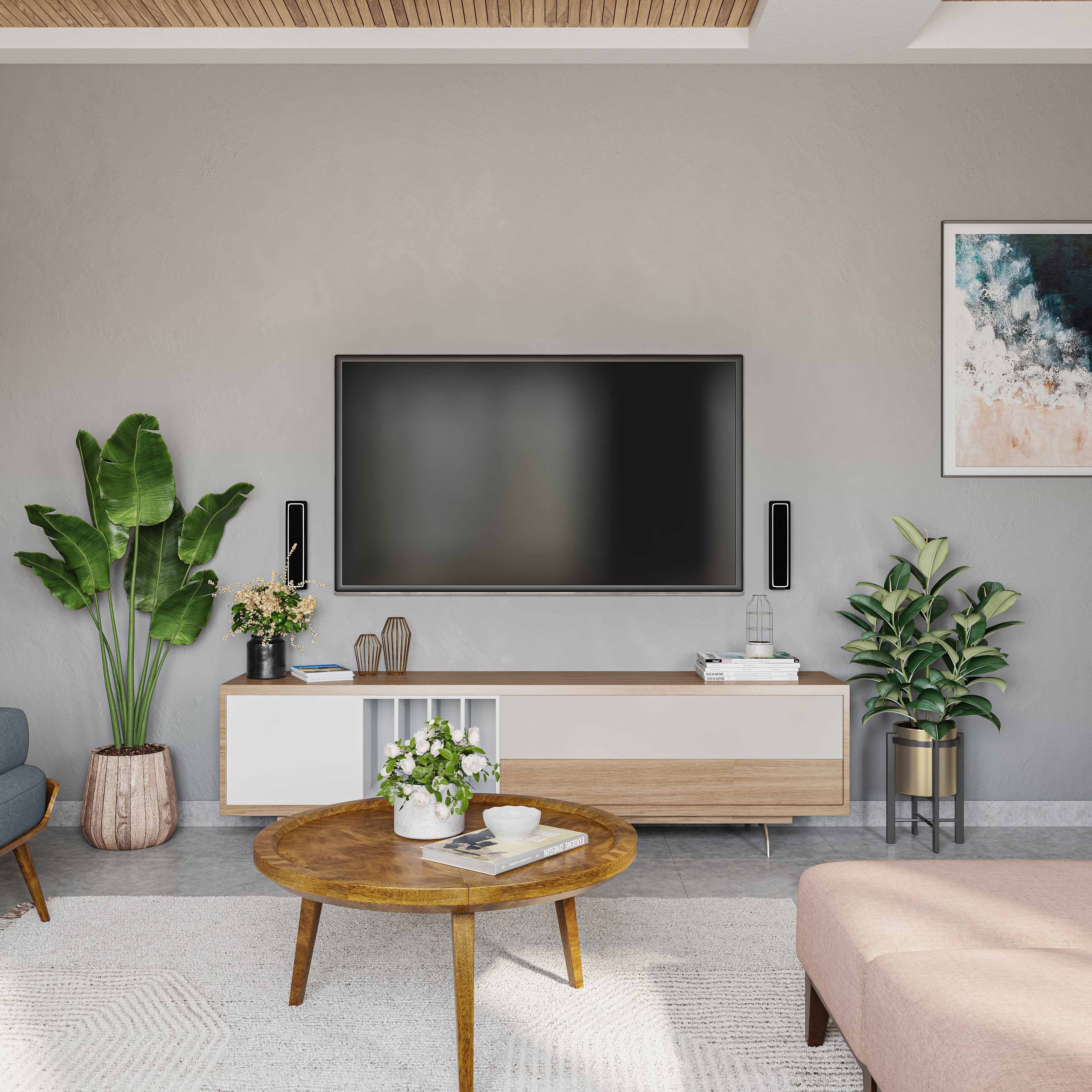 Minimal White And Brown Floor-Mounted TV Unit Design