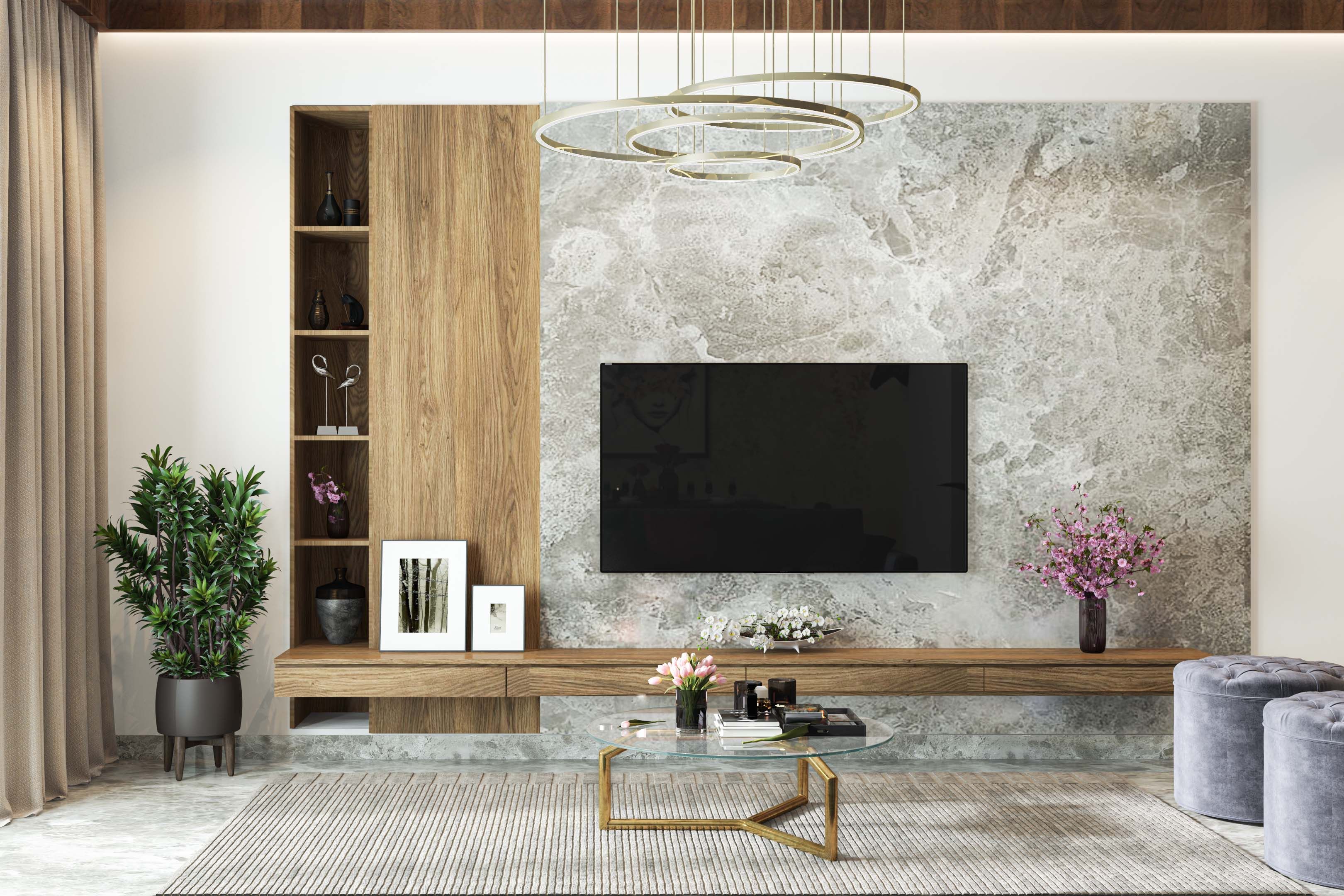 Classic Wood And Grey TV Unit Design With Open Shelves