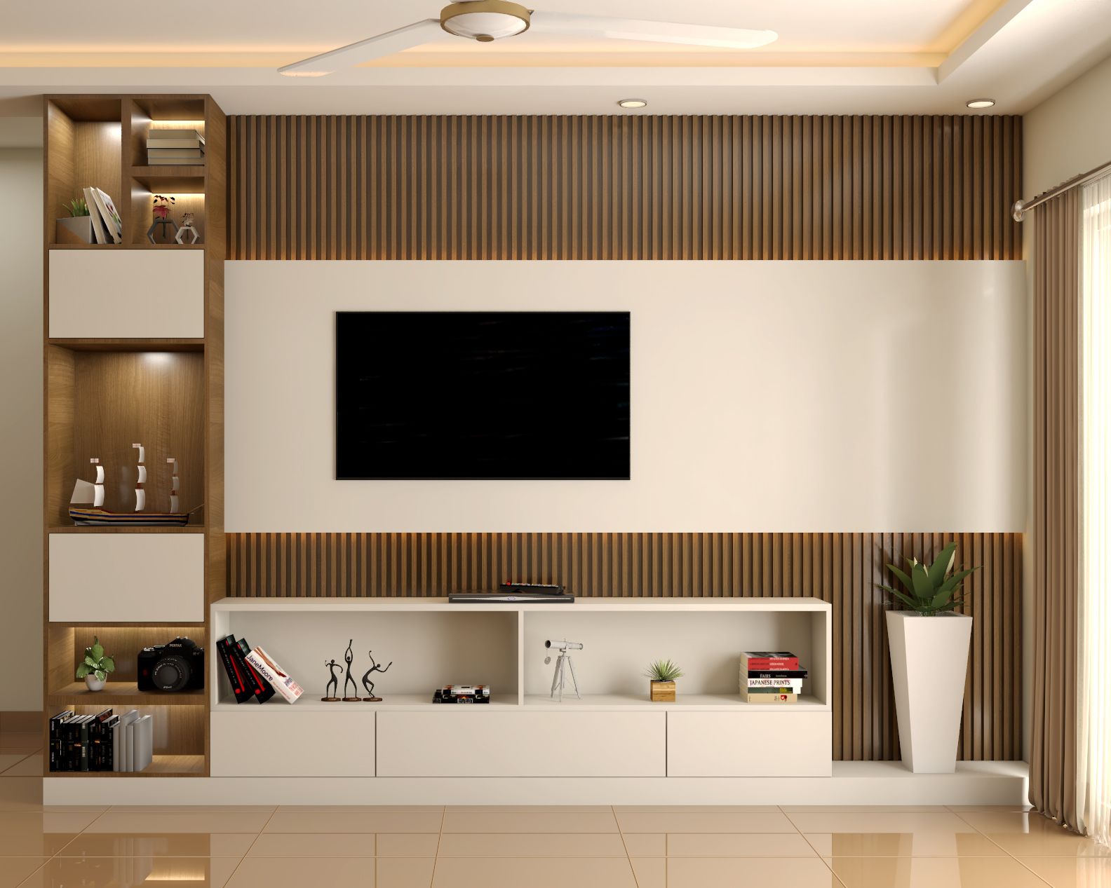 Modern Champagne-Toned And Wooden TV Unit Design With Fluted Back Panels