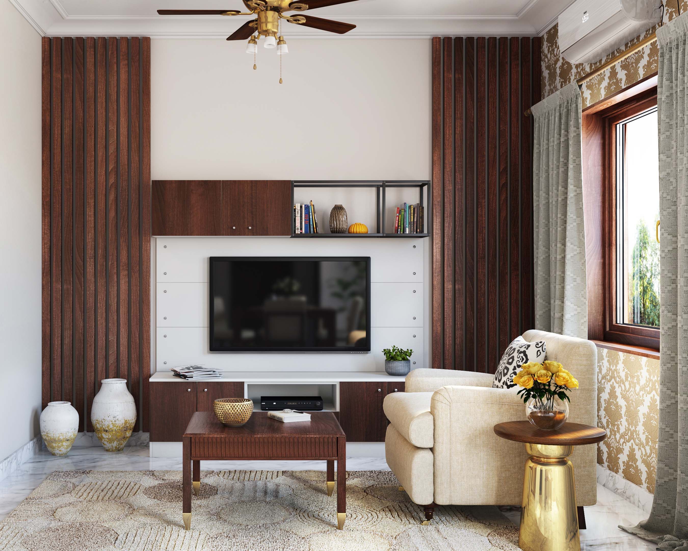 Modern Floor-Mounted Wood And White TV Unit Design With Wooden Wall Panelling
