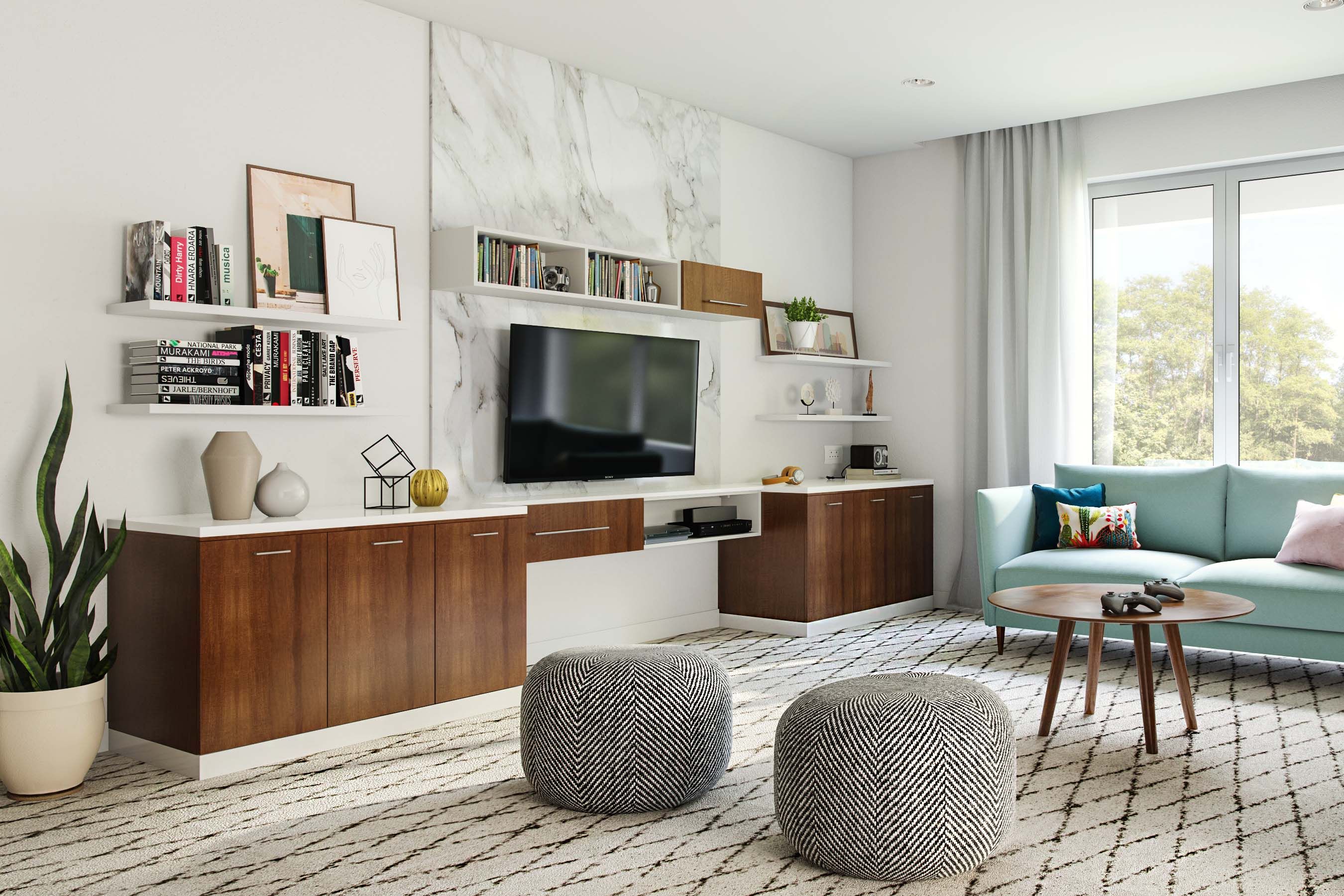 Contemporary Spacious Wood And White TV Unit Design With Marble Back Panel