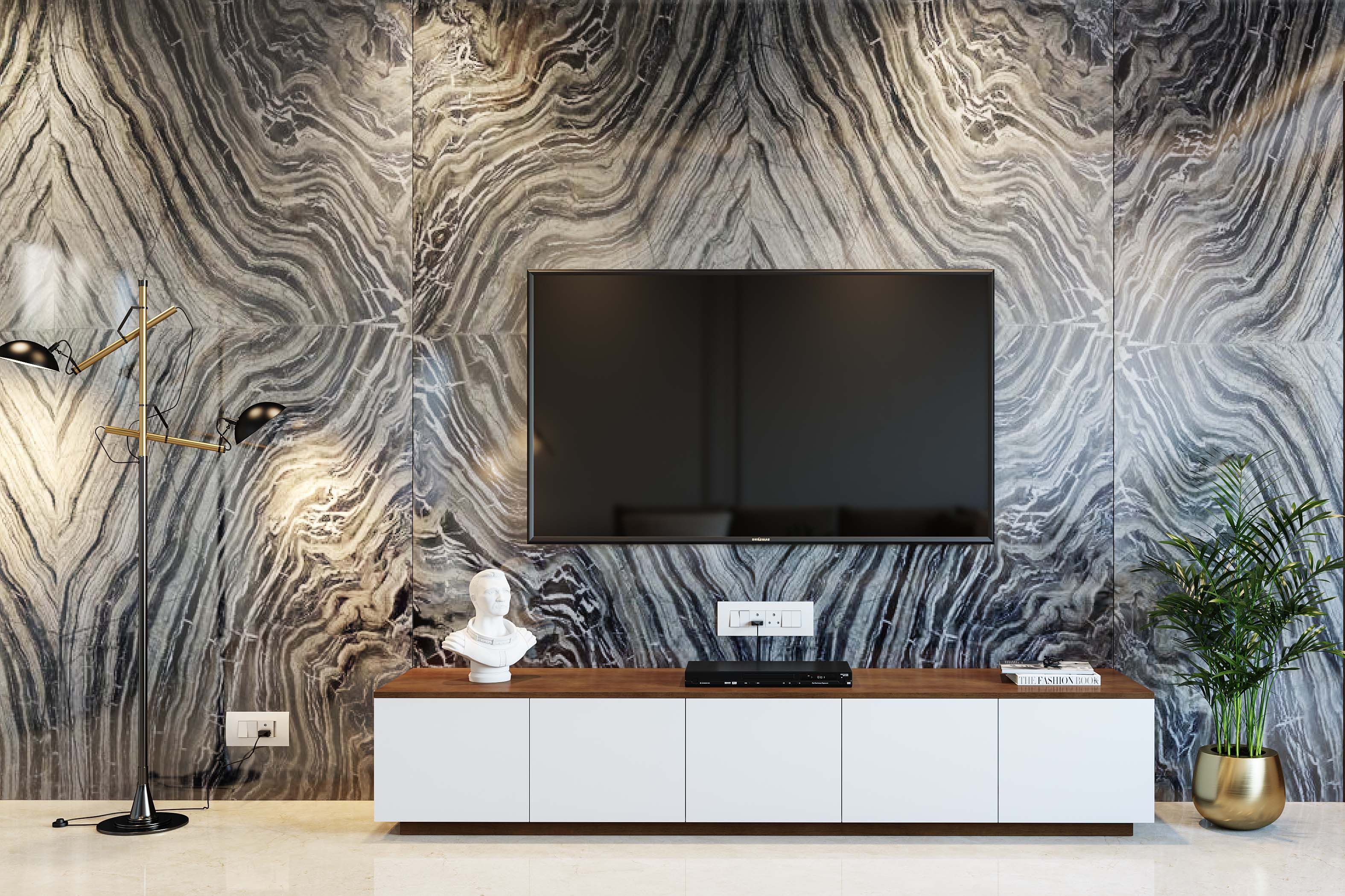 Modern Floor-Mounted White And Wood TV Unit Design And Grey-Black Marble-Finish Accent Wall
