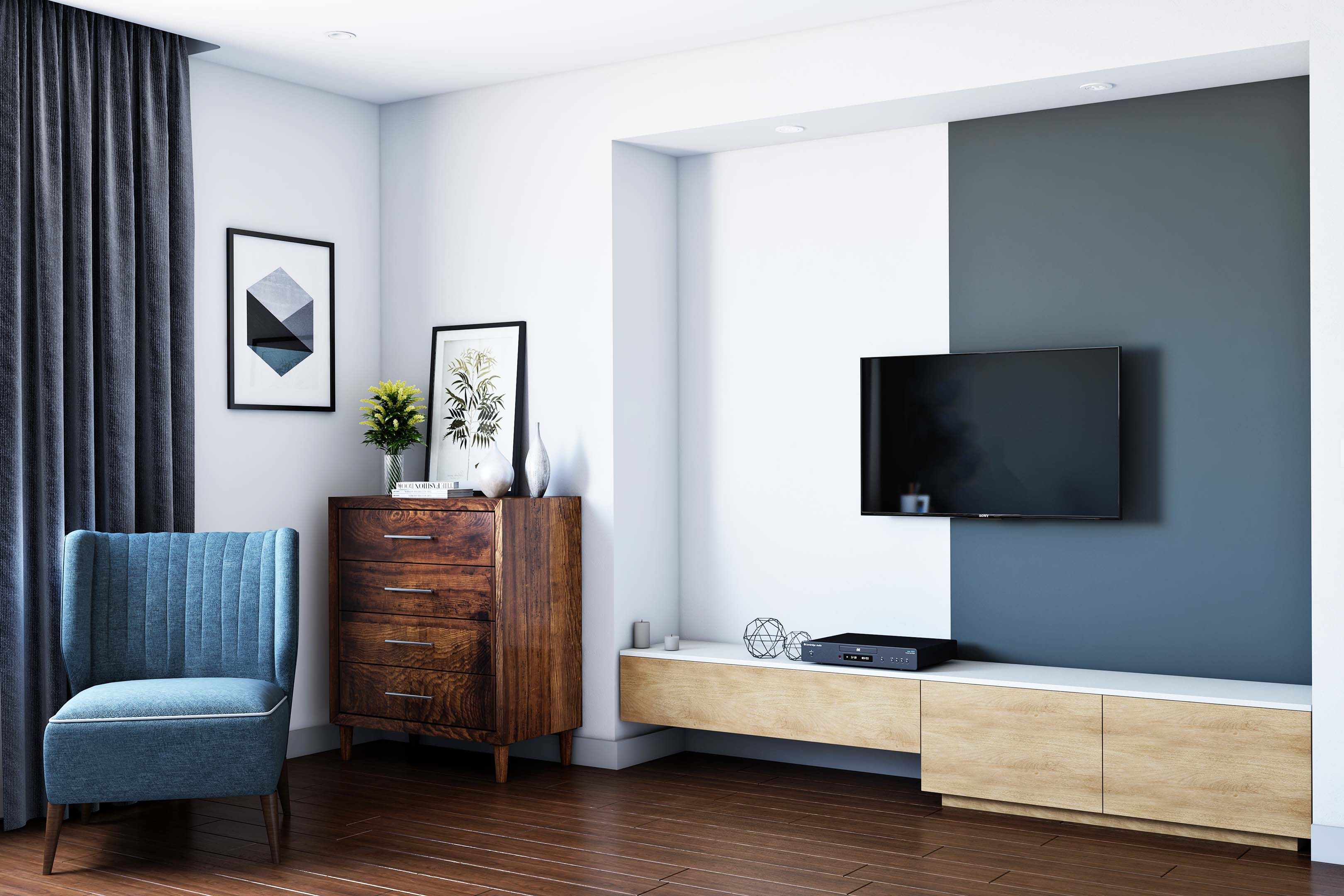 Contemporary Acacia Wood And White Floor-Mounted TV Unit Design With Dual-Toned Accent Wall