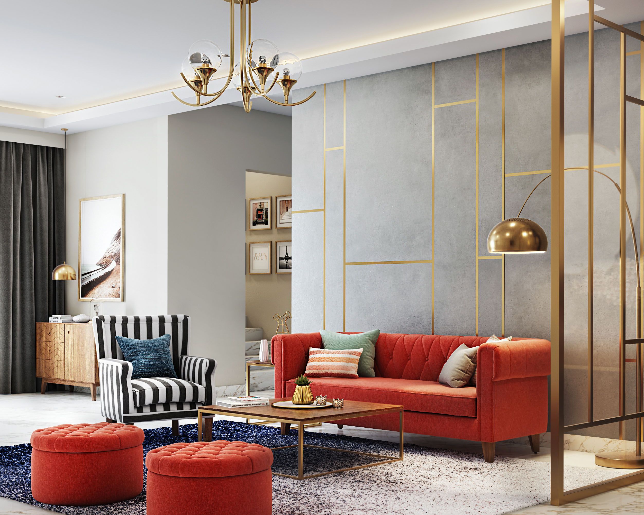 Contemporary Grey And Gold Wall Design For Living Rooms