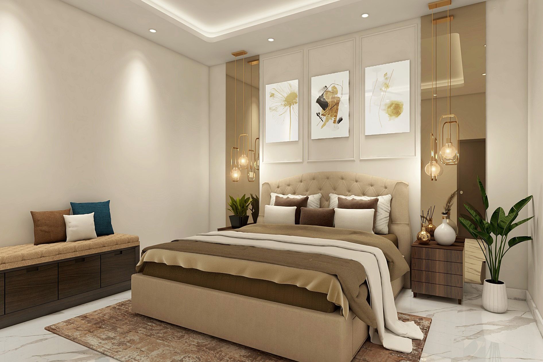 Classic Bedroom Wall Design With Beige Wall Paint And Trims