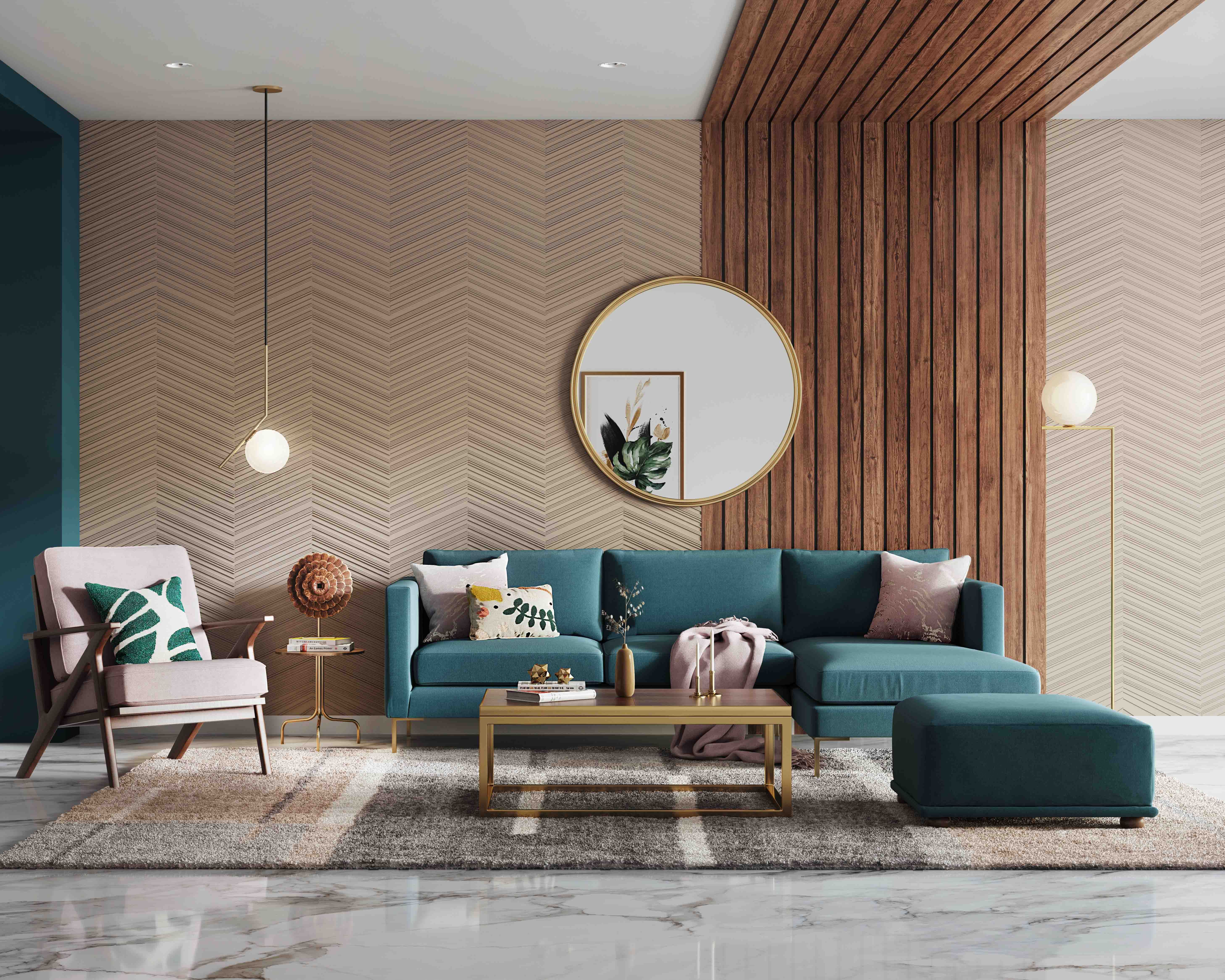 Contemporary Living Room Wall Design With Beige Chevron Wallpaper And Floor-To-Ceiling Wooden Panel
