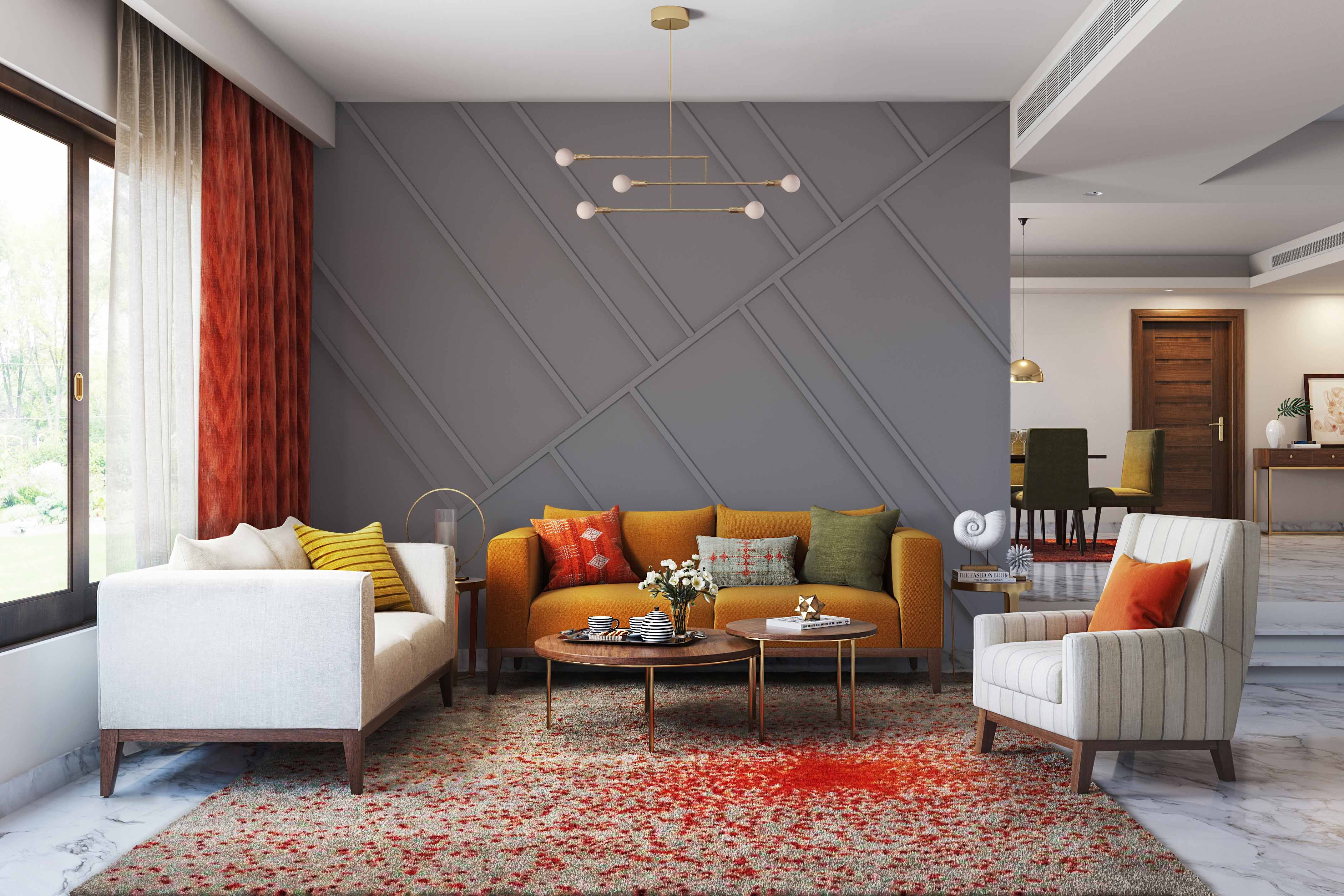 Modern Grey Living Room Wall Design With Geometric Panelling