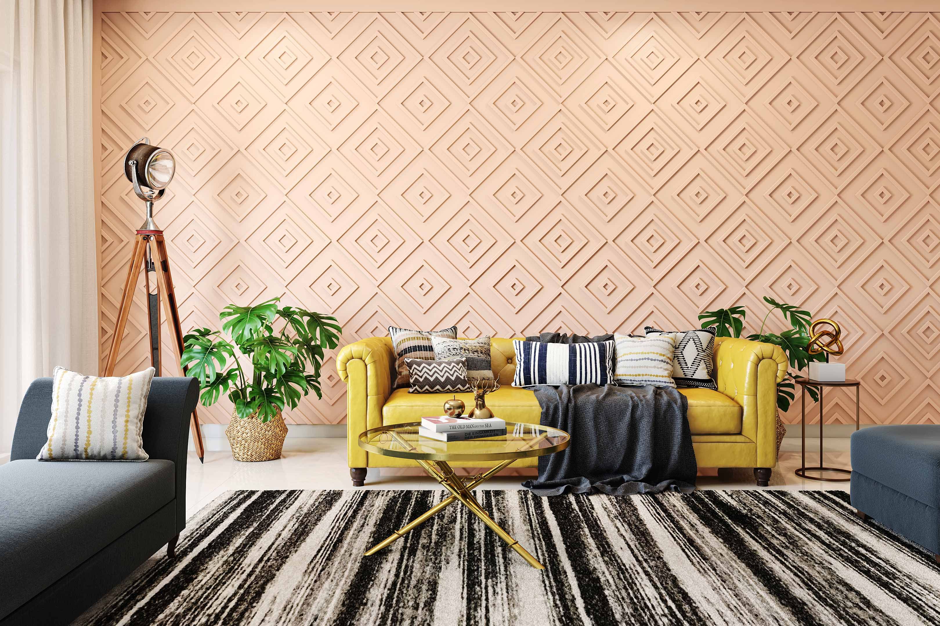 Contemporary Peach Living Room Wall Design With Concentric Diamond Patterning