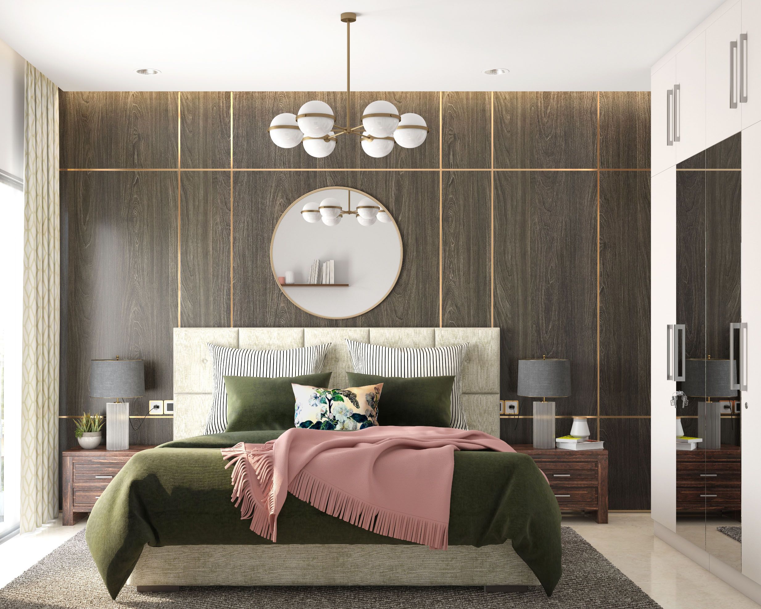 Brown Contemporary Decorative Bedroom Wall Design With Gold Trims