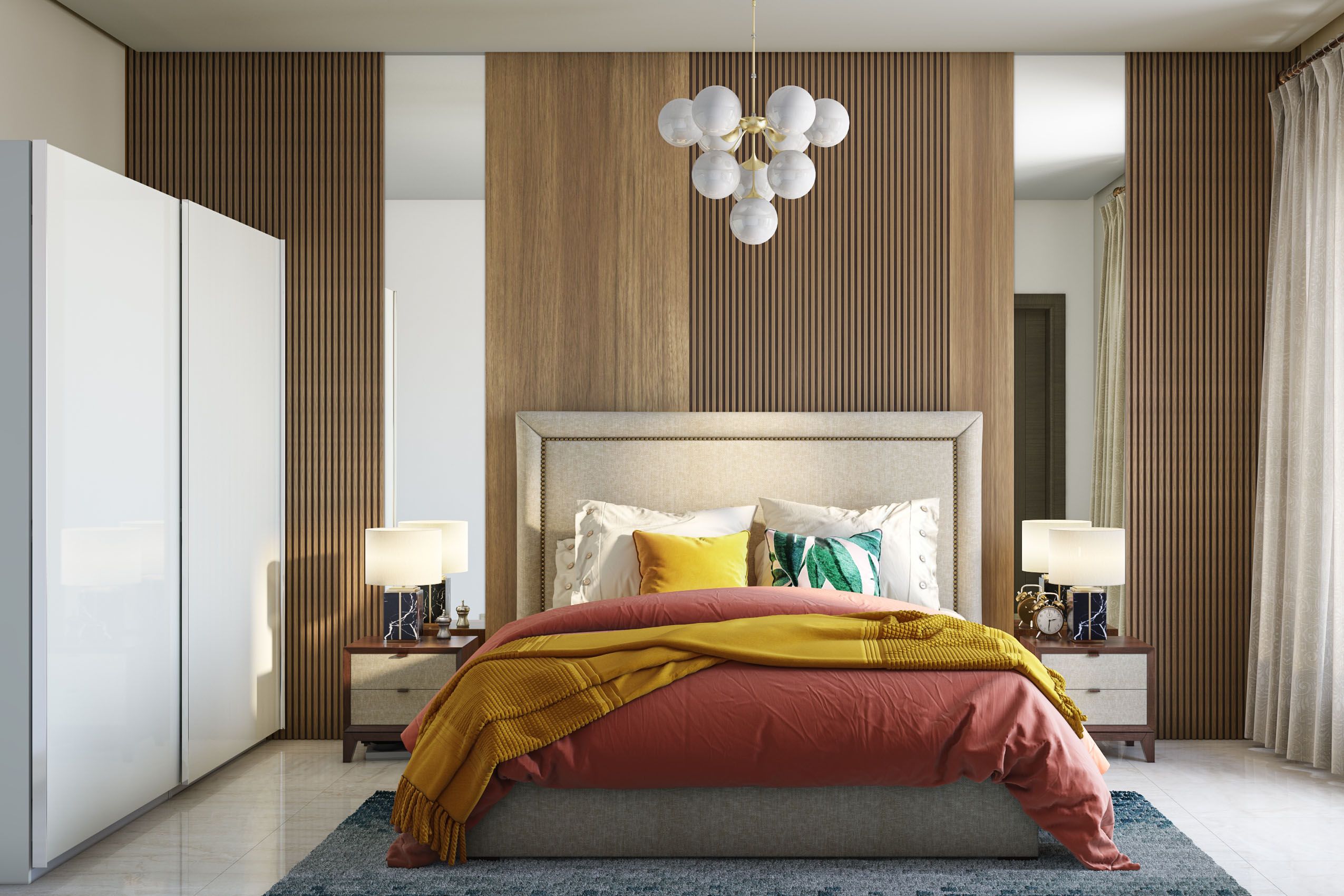 Modern Wooden Fluted Bedroom Wall Design With Mirrors