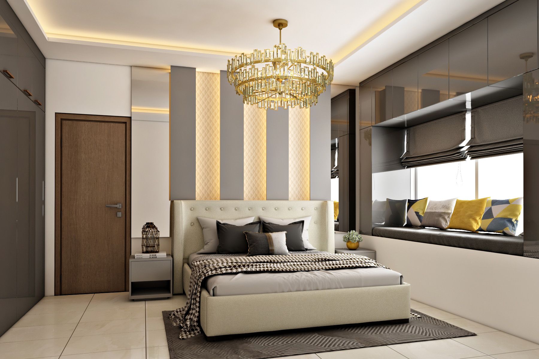 Modern Grey And Beige Bedroom Wall Design With Wall Panel And Diamond-Shaped Wallpaper