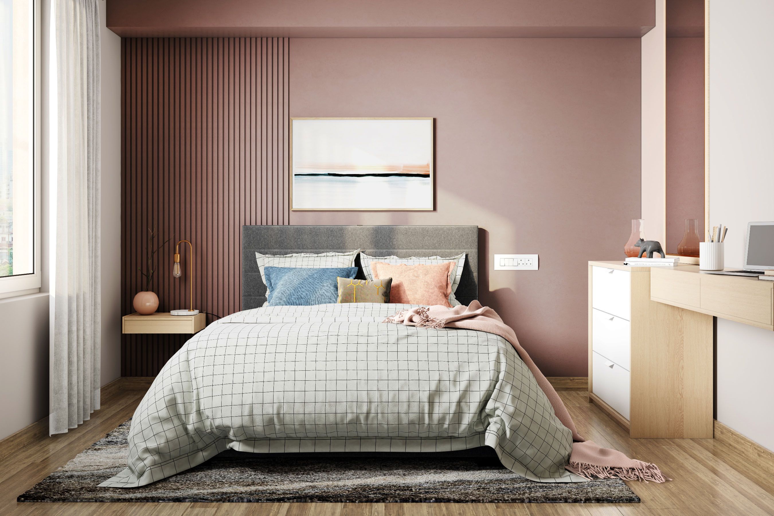 Modern Dusty Pink Bedroom Wall Paint Design With Wall Panelling