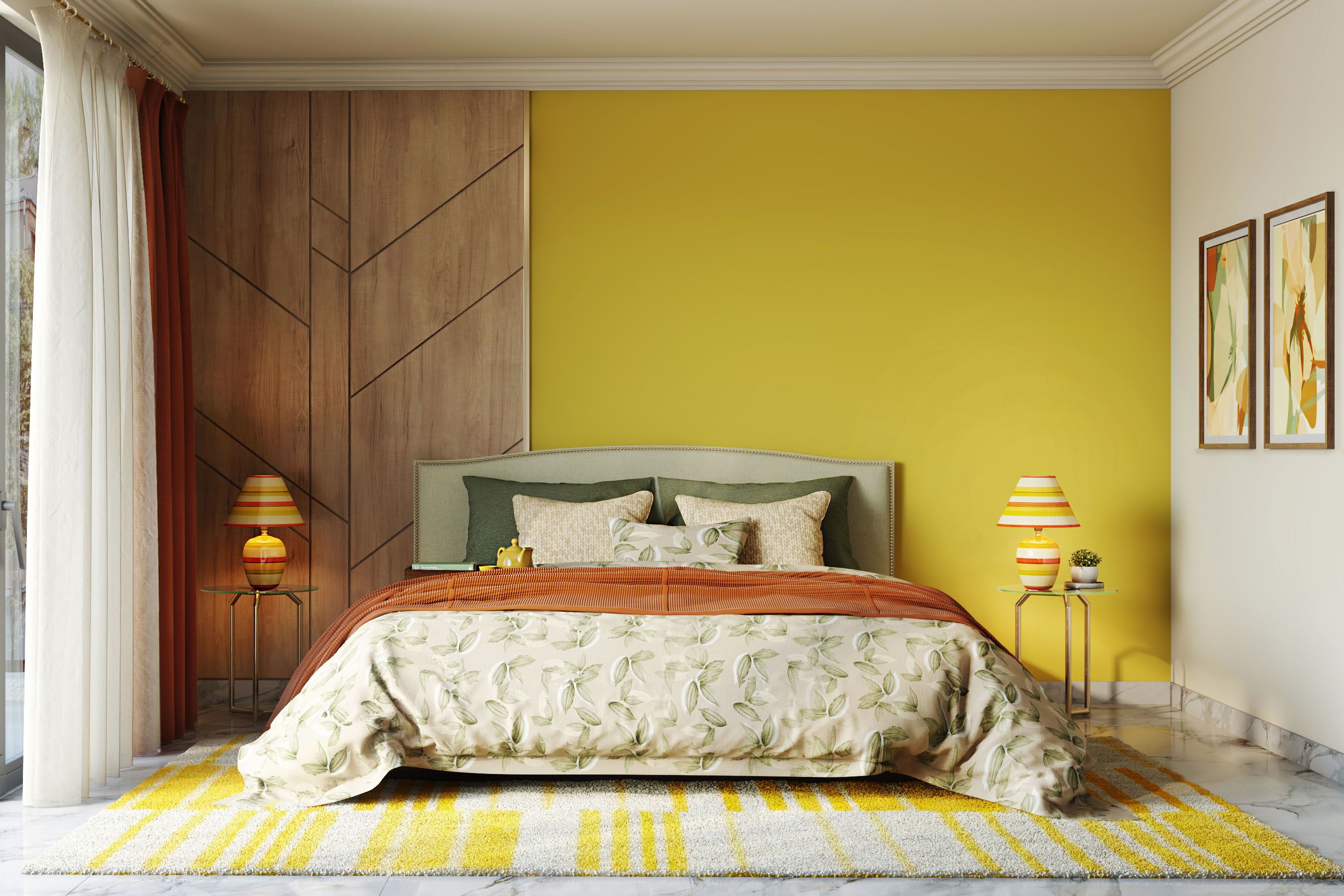Modern Yellow Bedroom Wall Paint Design With Wooden Wall Panel