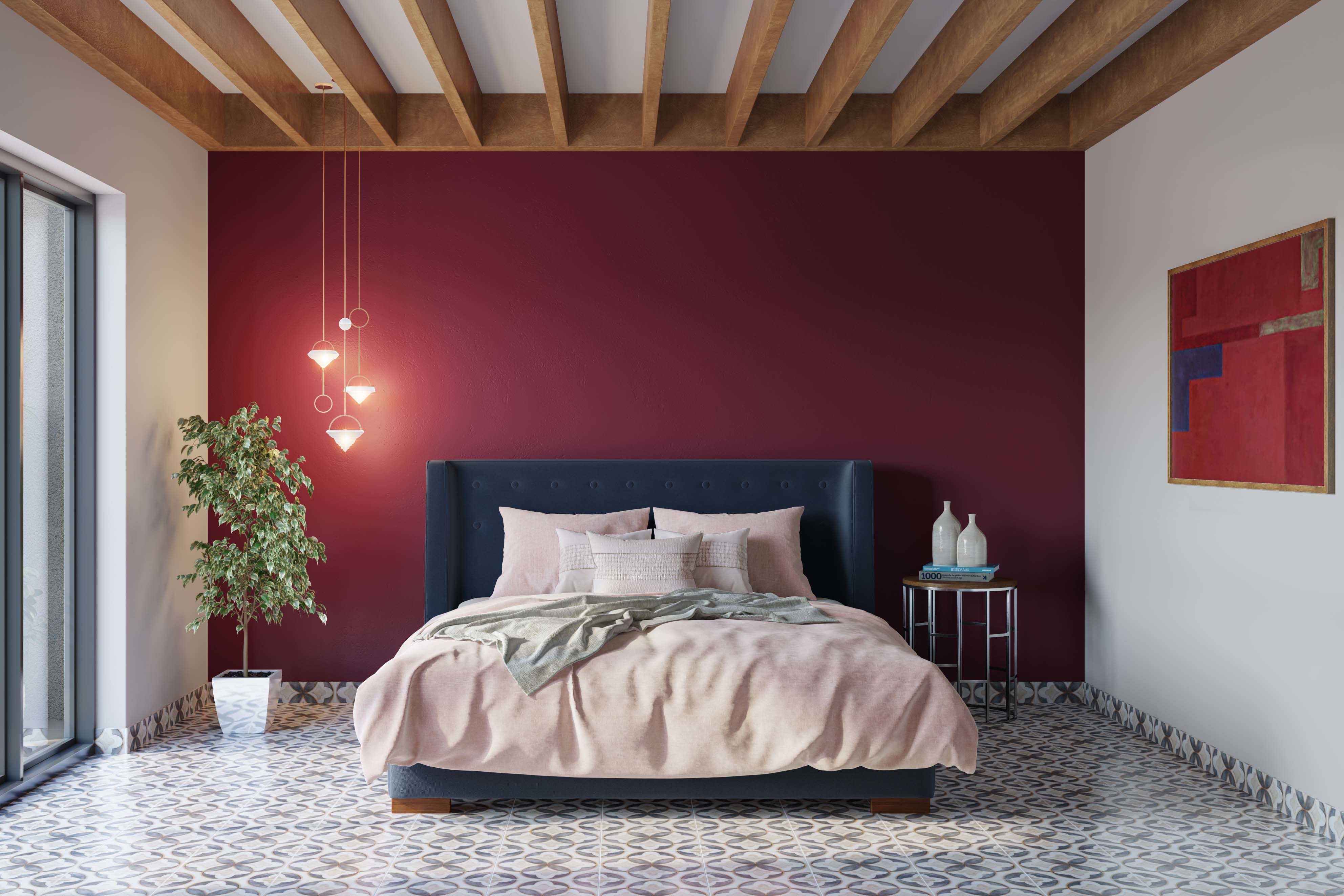 Contemporary Red Bedroom Wall Paint Design With Wooden False Ceiling