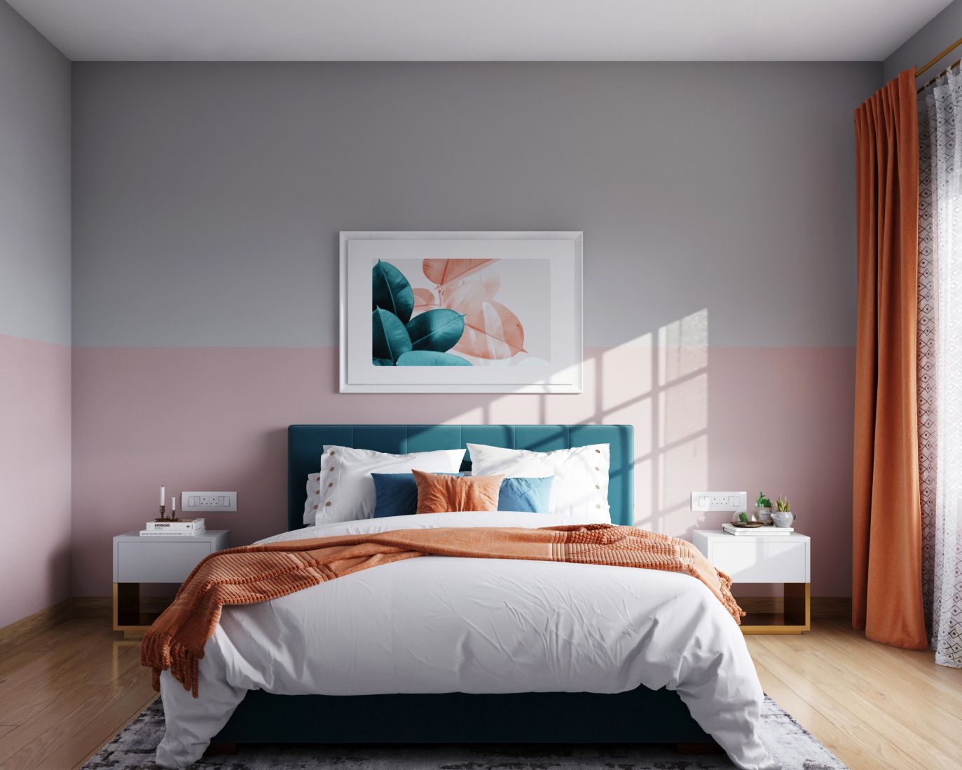 Mid-Century Modern Light Grey And Pink Bedroom Wall Paint Design