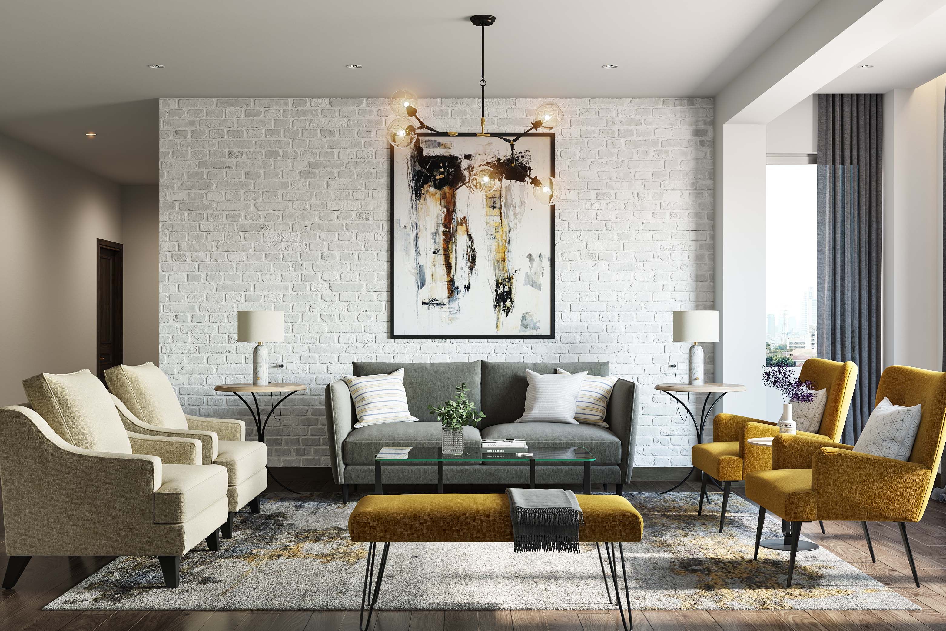 Rustic White Living Room Brick Wallpaper Design