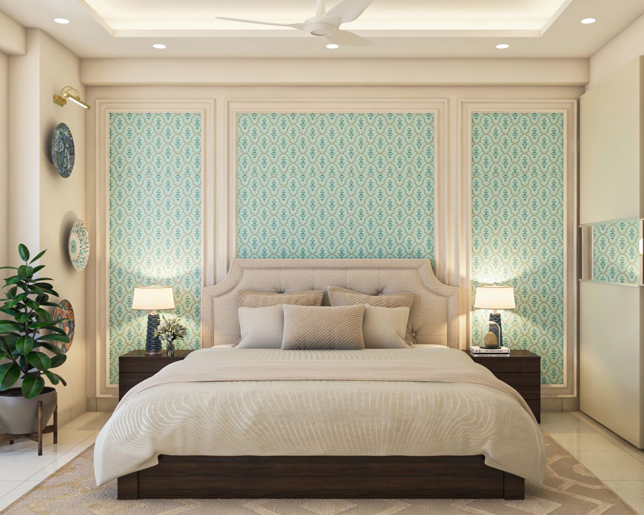 Mid-Century Modern Sea-Green Lattice Wallpaper Design For Bedrooms