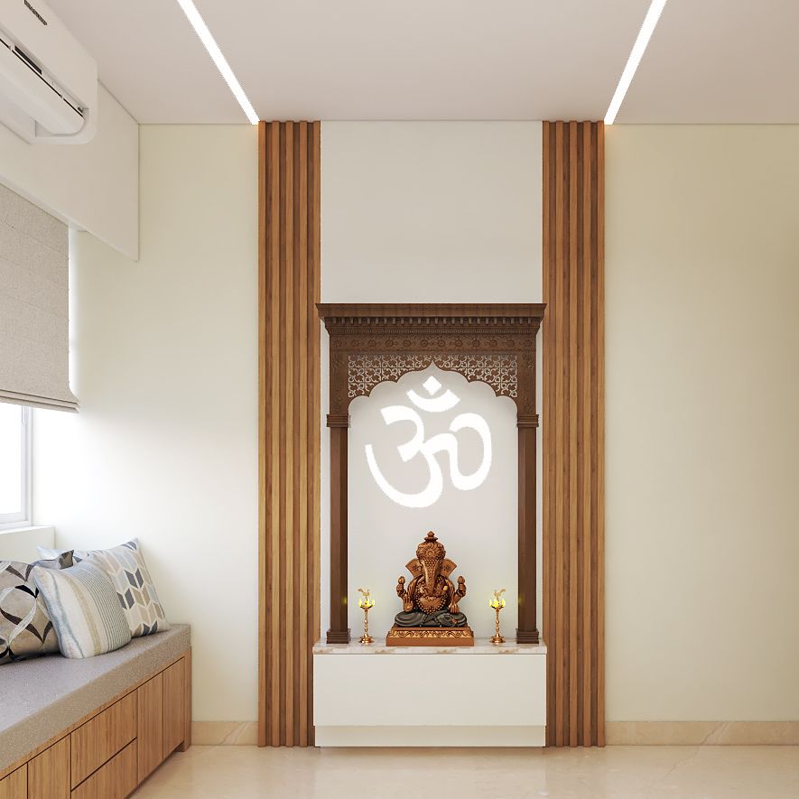 Contemporary Wall-Mounted Wood And White Mandir Design With Wooden Panels