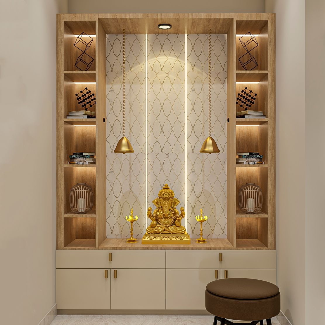 Beige And Wood Mandir Design With LED Under-Shelf Lighting | Livspace