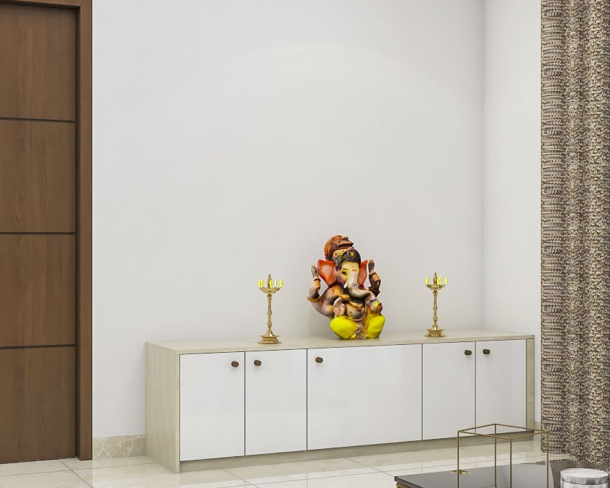 Modern White And Wood Mandir Design With Floor-Mounted 5-Door Cabinet Storage