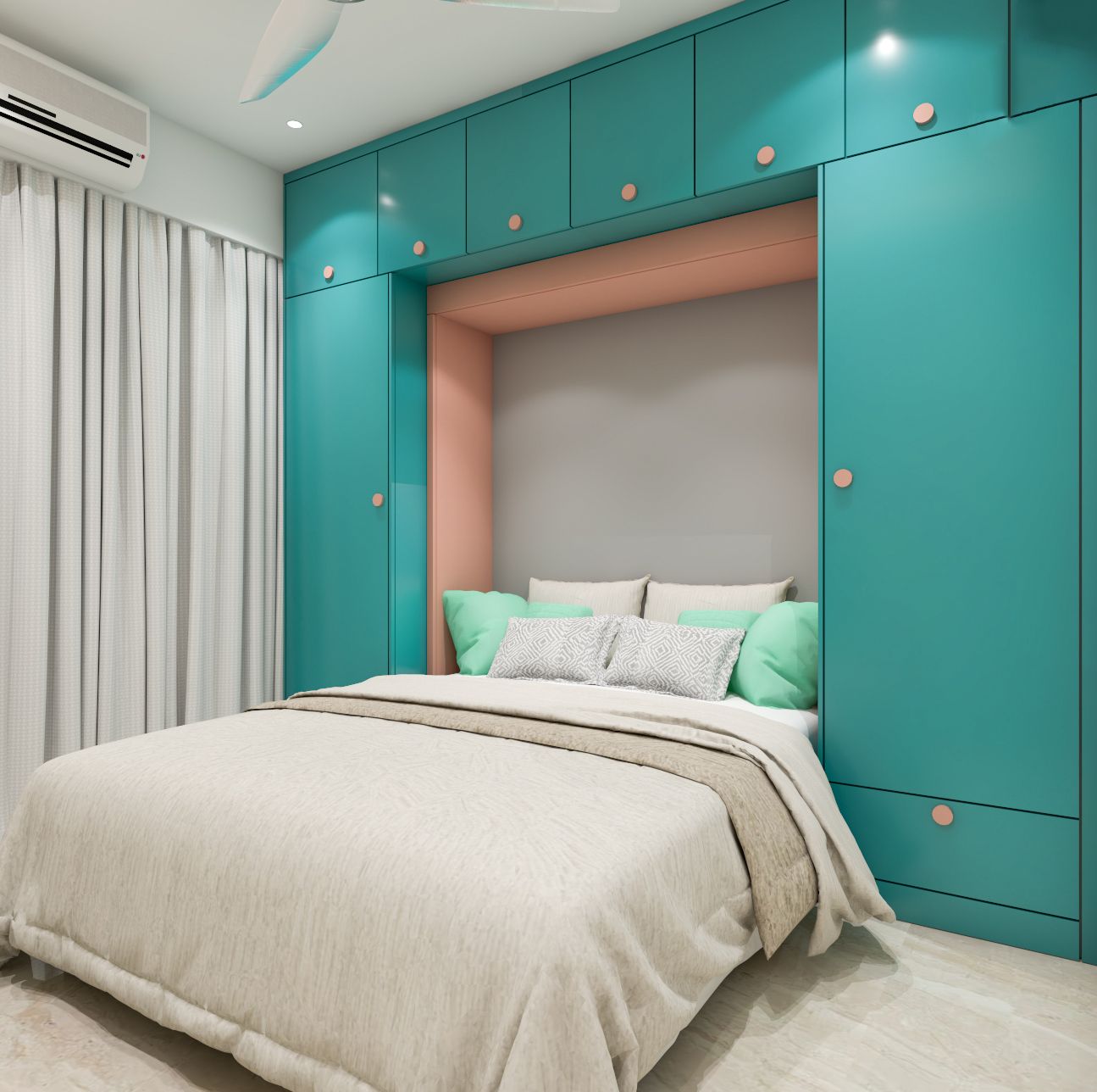 Contemporary Space-Saving Turquoise Wardrobe Design With Murphy Bed