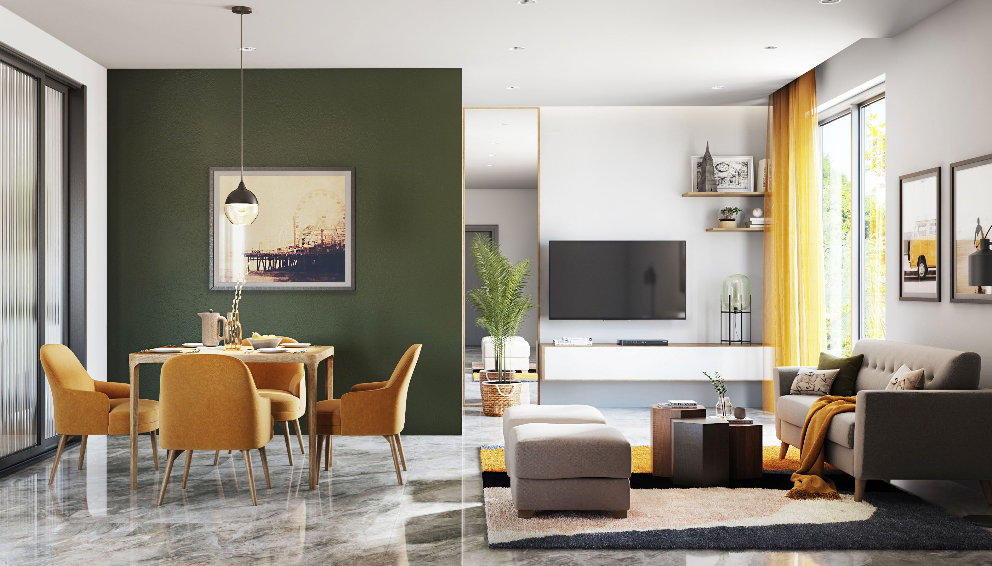 Contemporary Space-Saving Living Room Design With Integrated 4-Seater Dining Table And Wall-Mounted TV Console