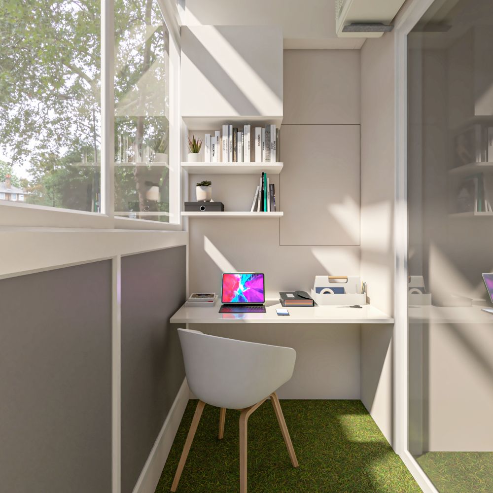 Minimal Space-Saving Balcony Design With White Study Table