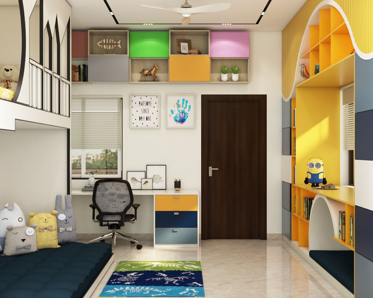 Modern Space-Saving Kids Room With Space-Saving Beds And Multicoloured Storage Units