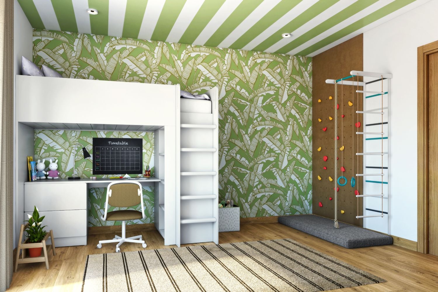 Tropical Space-Saving Kids Bedroom With White High-Raised Bed And Under-Bed Study Table